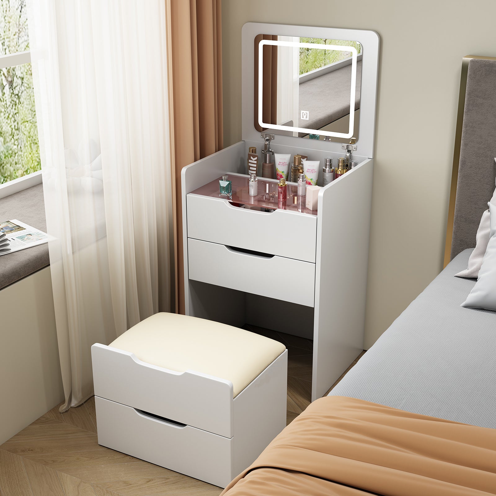 HAOYYE 3-in-1 Vanity Desk with Flip-Top Mirror, Small Makeup Vanity Set with Glass Desktop, Compact Dressing Table with 3 Drawers and Cushioned Stool, Christmas Gift, Sturdy and Stylish Home Furniture