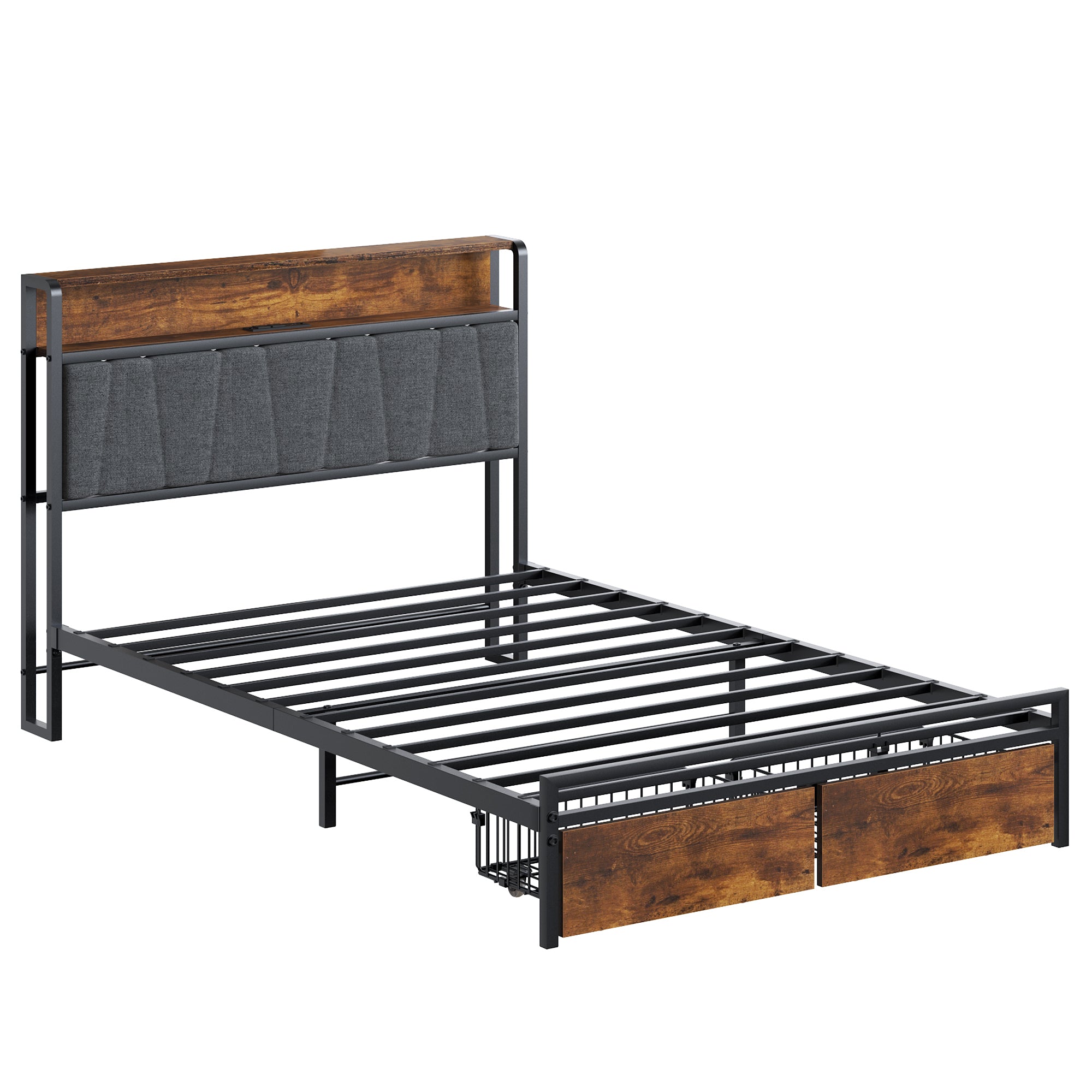 HAOYYE Twin Size Upholstered Platform Bed Frame with Storage Drawers, USB Ports, LED Lights, and Wingback Headboard, Rustic Brown, Sturdy Space-Saving Design, Heavy Duty Construction, Modern Stylish Home Furniture