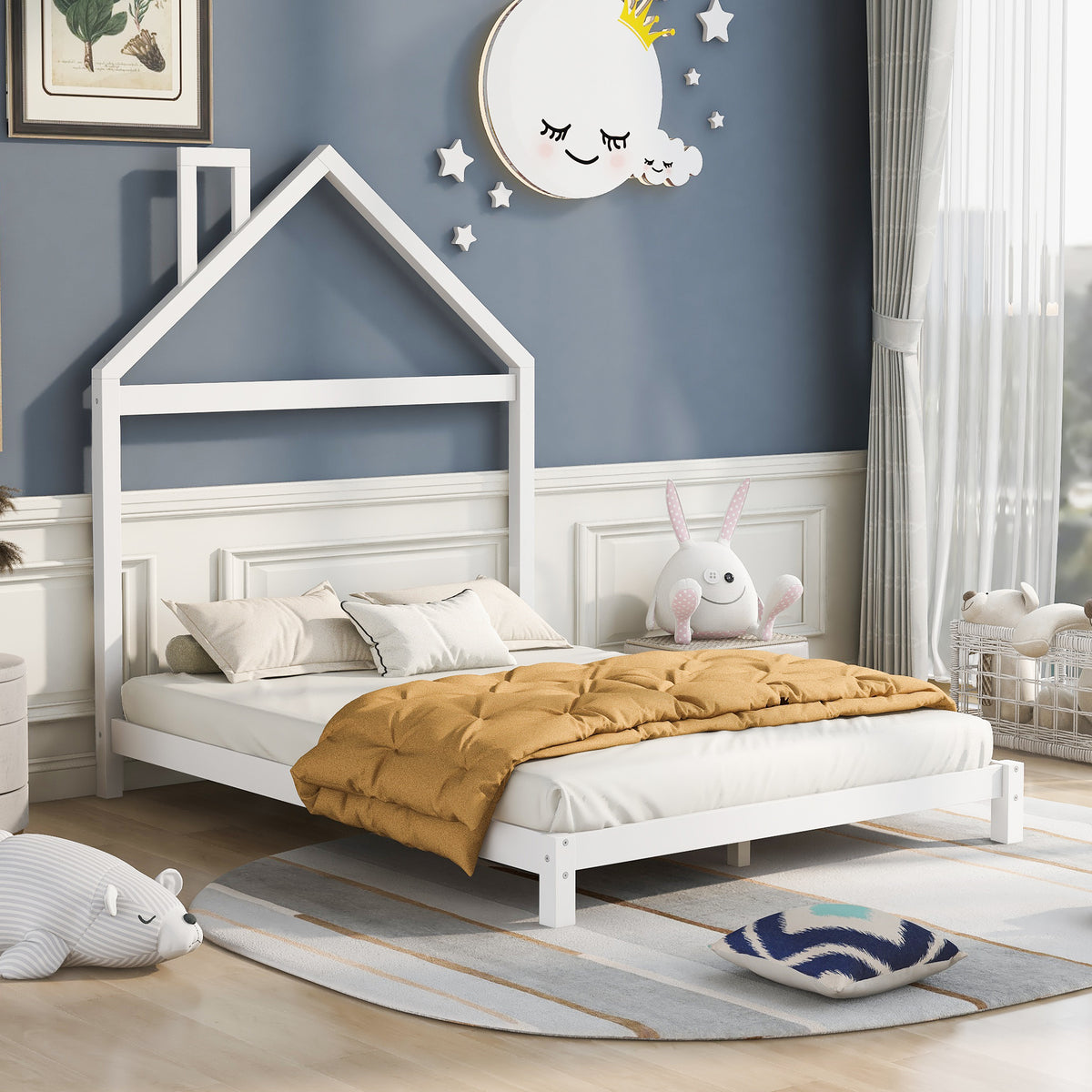 HAOYYE Full Size Wood Platform Bed with House-shaped Headboard (White) Sturdy Space-Saving Heavy Duty Modern Design Easy Assembly Durable Stylish Home Furniture Versatile