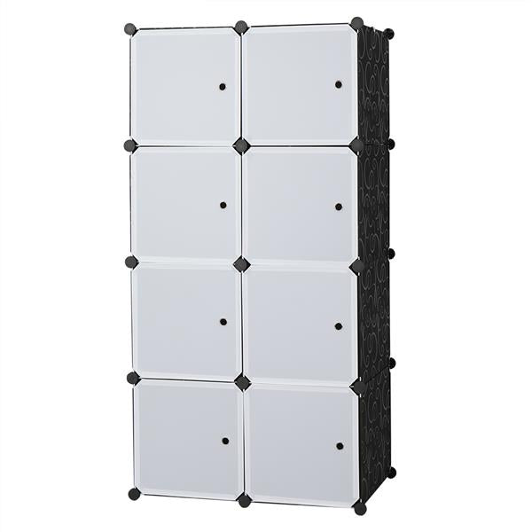 HAOYYE 8-Cube Modular Storage Organizer With Hanging Rod, White Doors And Black Panels, Durable Stackable Plastic Shelving, Space-Saving Closet Cabinet, Versatile And Multifunctional Storage Solution For Bedroom, Office, Living Room, And Home Organization