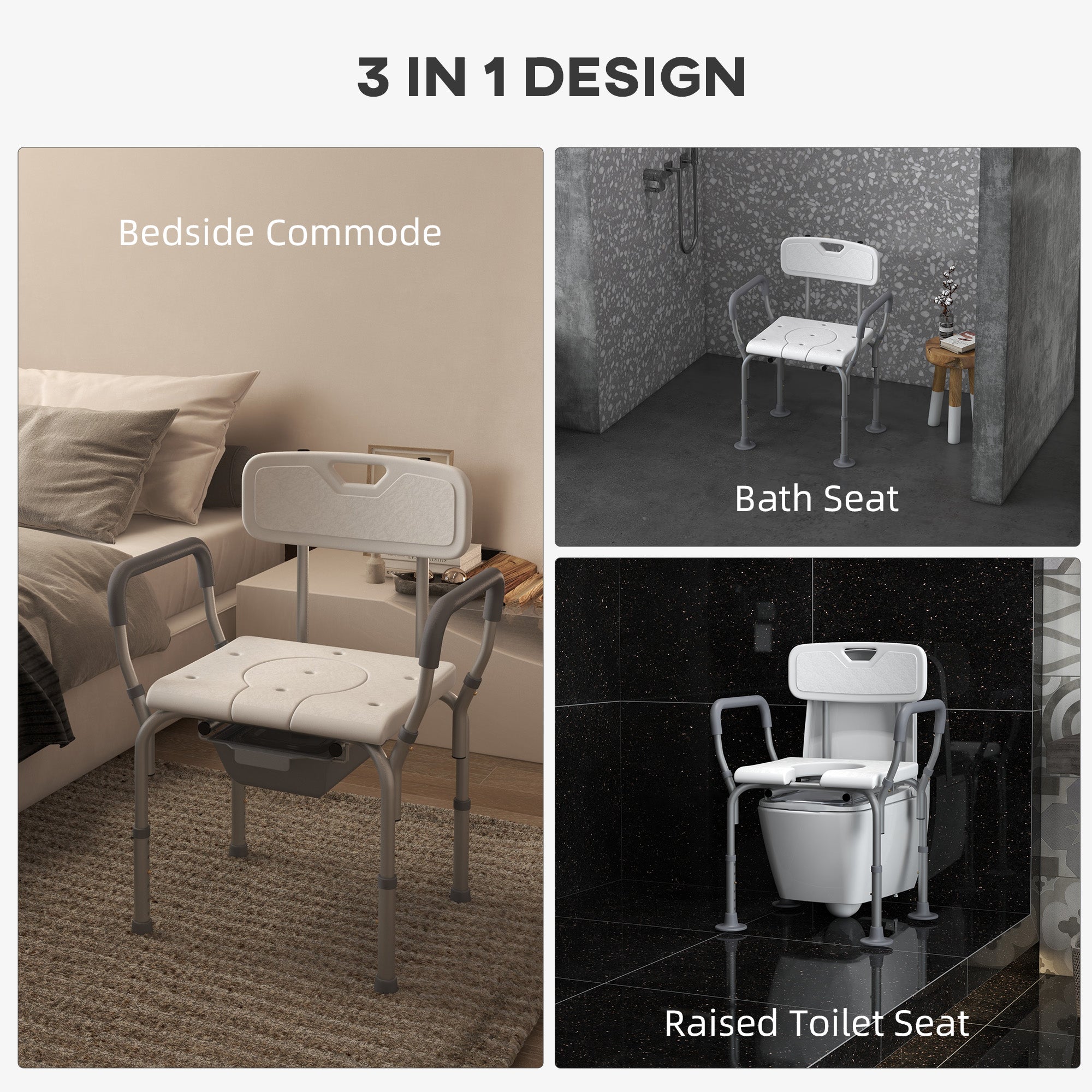 HAOYYE White Shower Chair with Removable Bucket and Drainage Holes, Adjustable Height Bath Seat with Padded Armrest Backrest Suction Feet, Tool-Free Assembly for Bathroom Safety and Support