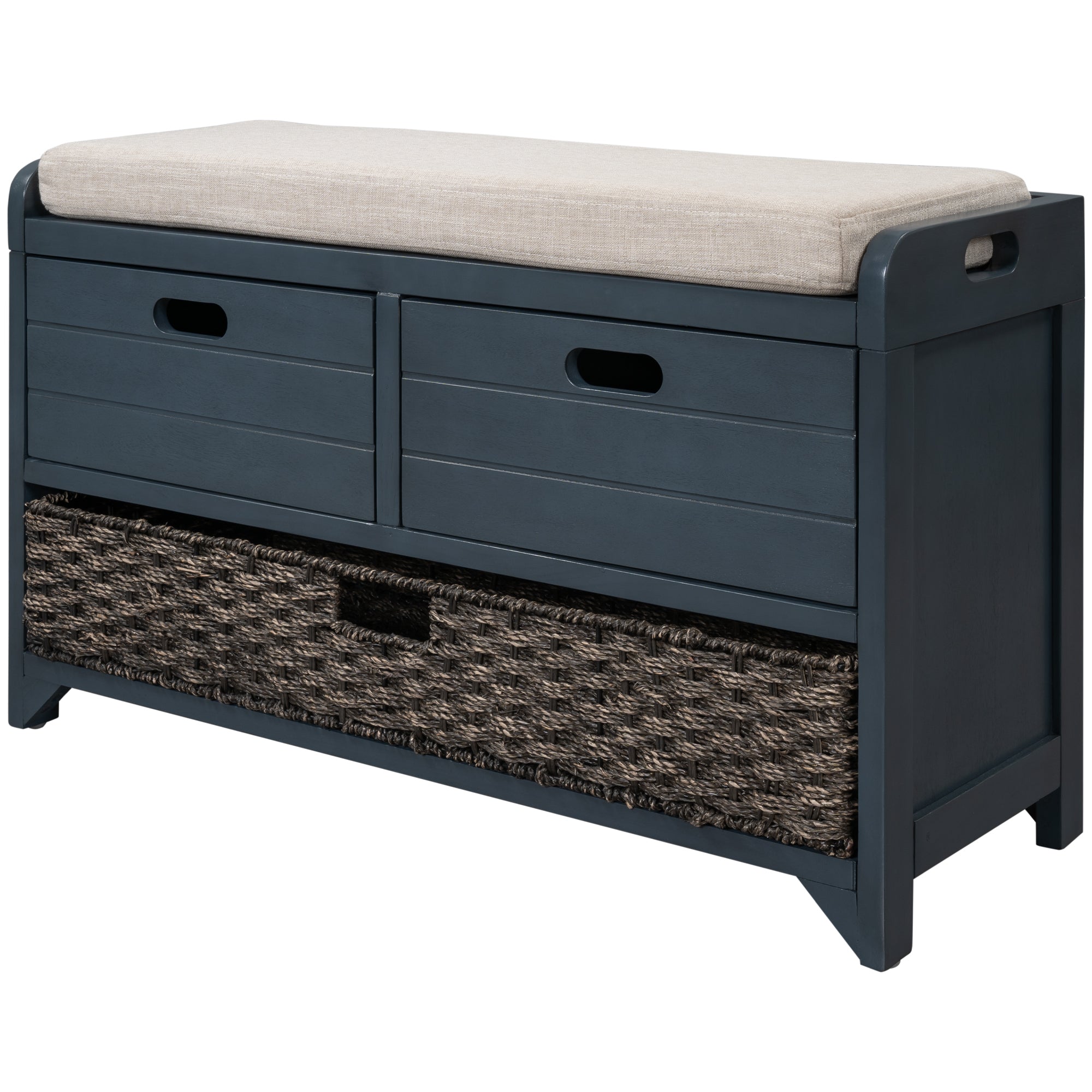 HAOYYE Storage Bench with Removable Basket and Two Drawers, Fully Assembled Shoe Bench with Removable Cushion, Navy, Sturdy Space-Saving Design, Heavy Duty Construction, Easy Assembly, Durable and Stylish Home Furniture