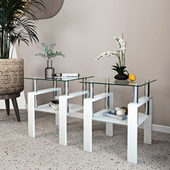 Haoyye Set of 2 Modern Tempered Glass Coffee and Tea Tables, Square Transparent and White Side Tables for Living Room, Sturdy Heavy Duty Space-Saving Design, Easy Assembly for Adults and Dorm Rooms