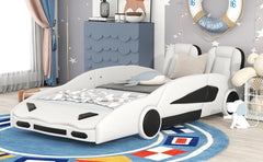 HAOYYE Twin Size Race Car-Shaped Platform Bed with Wheels, White Sturdy Space-Saving Heavy Duty Modern Design Adults Dorm Room Easy Assembly Bedroom Furniture