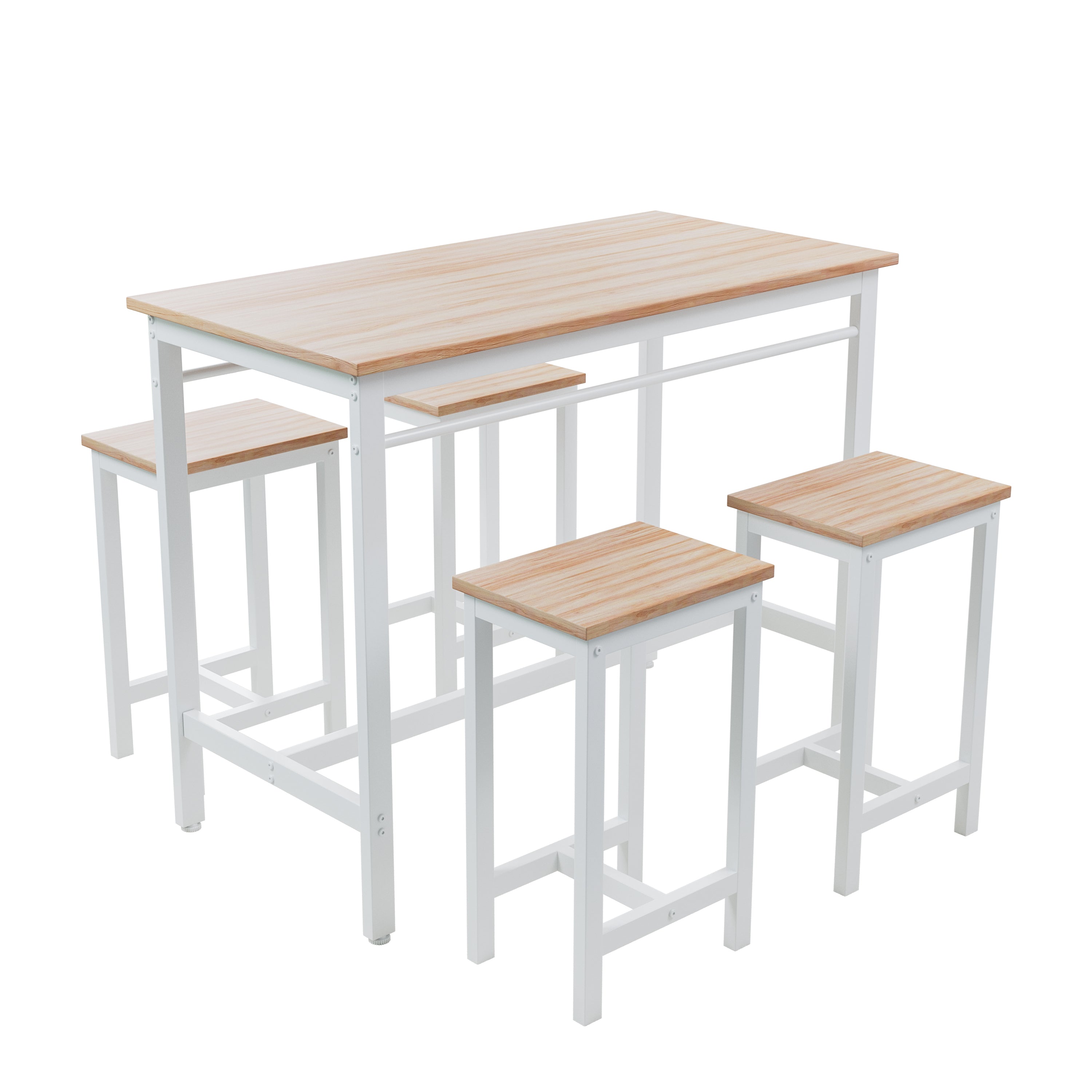 HAOYYE 5-Piece Kitchen Table Set with Four Bar Stools, Metal Frame and MDF Construction, White Oak Finish, Modern Space-Saving Design, Heavy Duty and Durable, Easy to Assemble