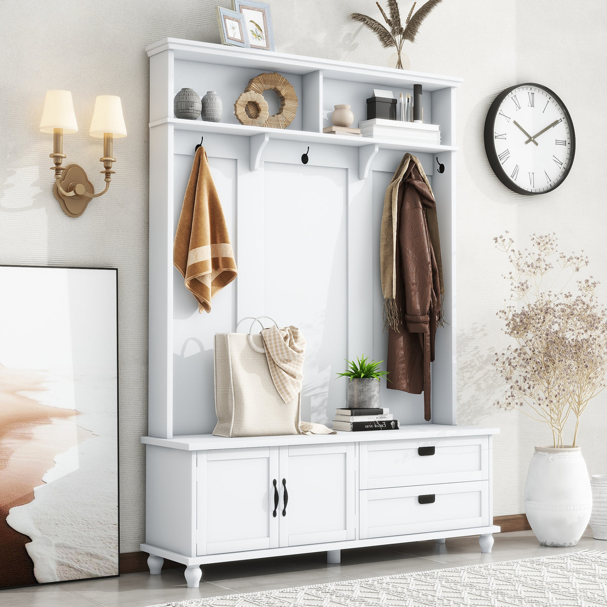 HAOYYE Modern White Hall Tree with Storage Cabinet, 2 Large Drawers, and 5 Coat Hooks, Sturdy Space-Saving Mudroom Bench, Heavy Duty Design for Adults