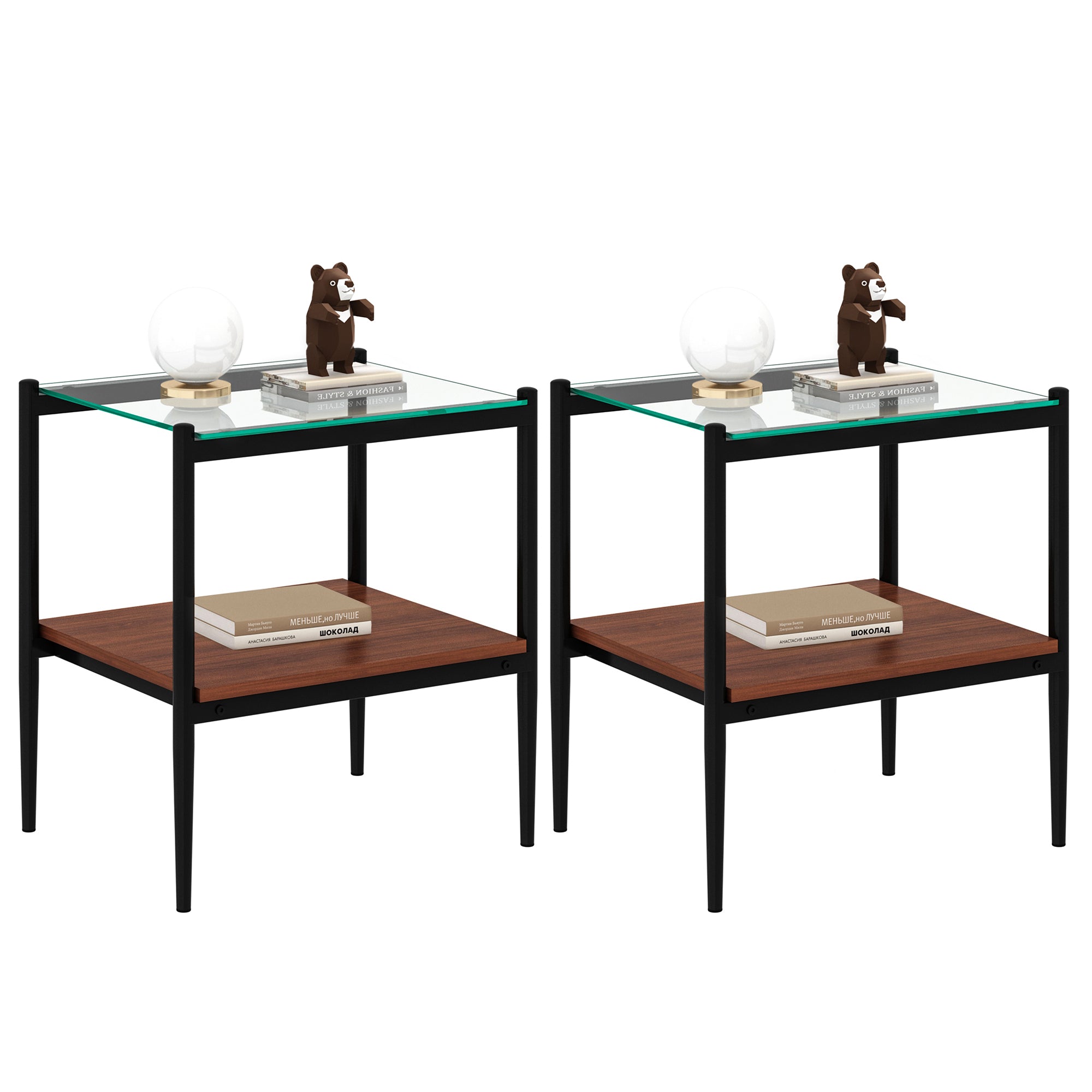 HAOYYE Set of 2 Rectangle End Table, Tempered Glass Tabletop with MDF layer, Modern Table for Living Room , Transparent Glass Sturdy Space-Saving Heavy Duty Modern Design Adults Dorm Room Easy Assembly
