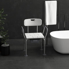 HAOYYE White Shower Chair with Removable Bucket and Drainage Holes, Adjustable Height Bath Seat with Padded Armrest Backrest Suction Feet, Tool-Free Assembly for Bathroom Safety and Support