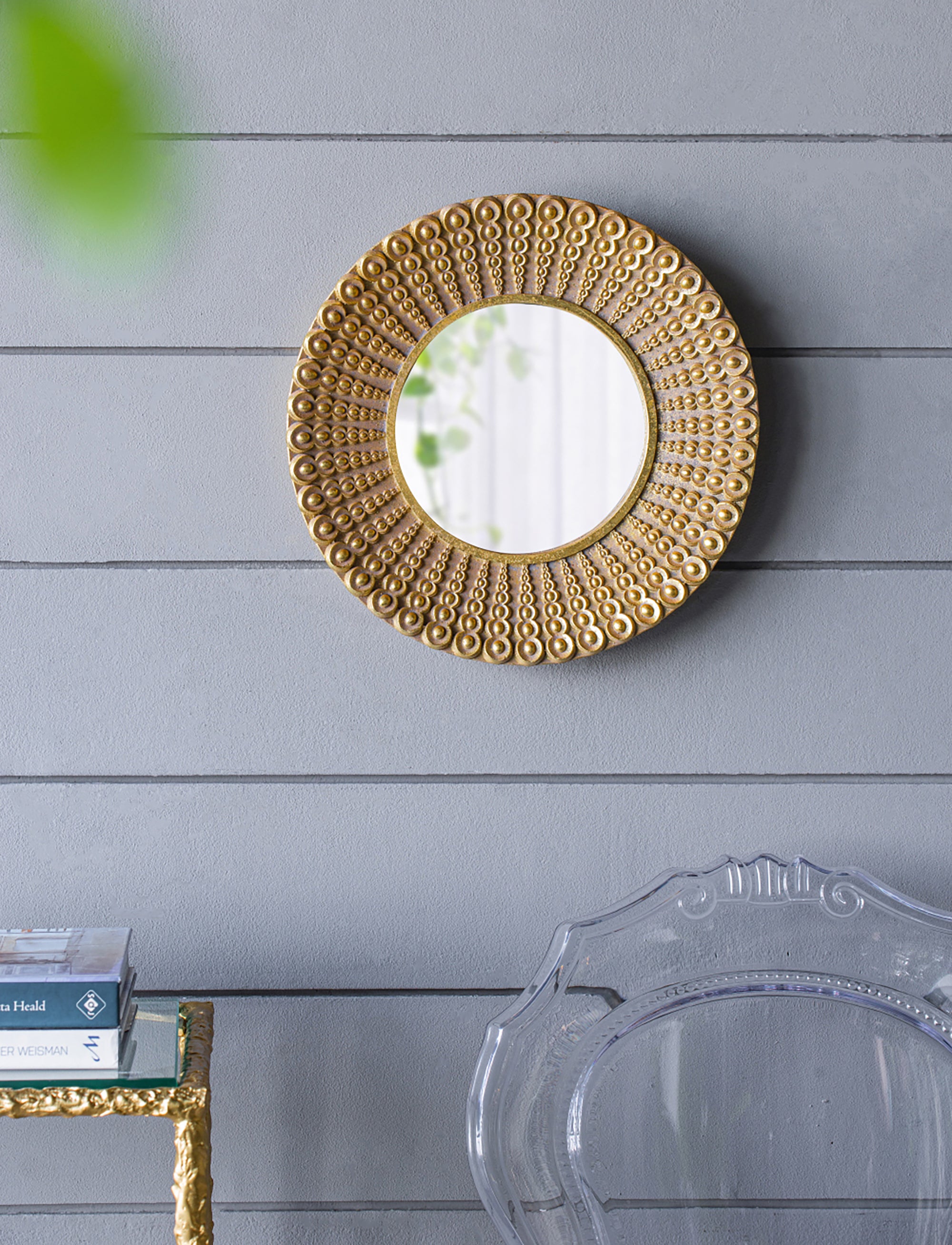 HAOYYE 14" Gold Beaded Sunburst Mirror, Round Accent Wall Mirror for Living Room, Entryway, Bathroom, Office, Foyer Sturdy Space-Saving Heavy Duty Modern Design Adults Dorm Room Easy Assembly