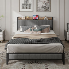 HAOYYE Queen Size Bed Frame with Charging Station, Upholstered Headboard, Metal Platform, Grey Sturdy Space-Saving Heavy Duty Modern Design Adults Dorm Room Easy Assembly Bedroom Furniture