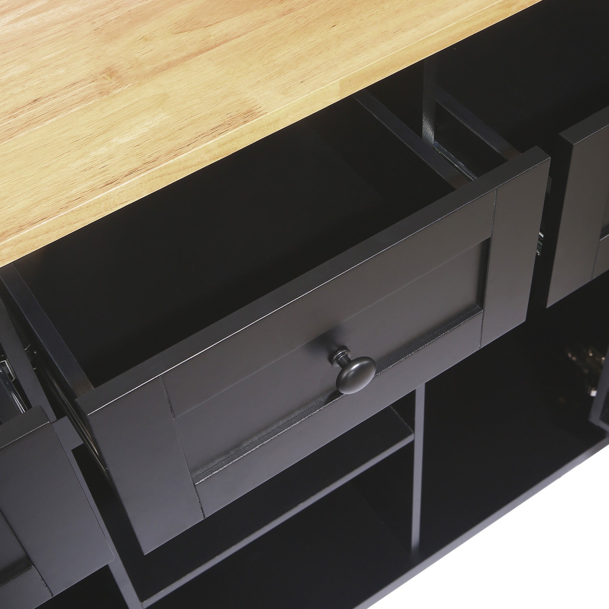 HAOYYE Kitchen Cart with Rubberwood Drop-Leaf Countertop, Internal Storage Racks, 5-Wheel Kitchen Island with Storage Cabinet and 3 Drawers, Black, Sturdy Space-Saving Design, Durable and Stylish Home Furniture