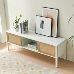 HAOYYE Rattan TV Cabinet with Adjustable Shelf and Variable Color Light Strip, Double Sliding Doors for Storage, Metal Legs, Durable and Space-Saving, Modern TV Console for Living Room, White