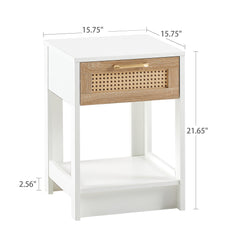 HAOYYE Rattan Side Table with Drawer, Modern White End Table, Sturdy Space-Saving Design, Heavy Duty Construction, Easy Assembly, Stylish and Durable Home Furniture for Living Room or Bedroom