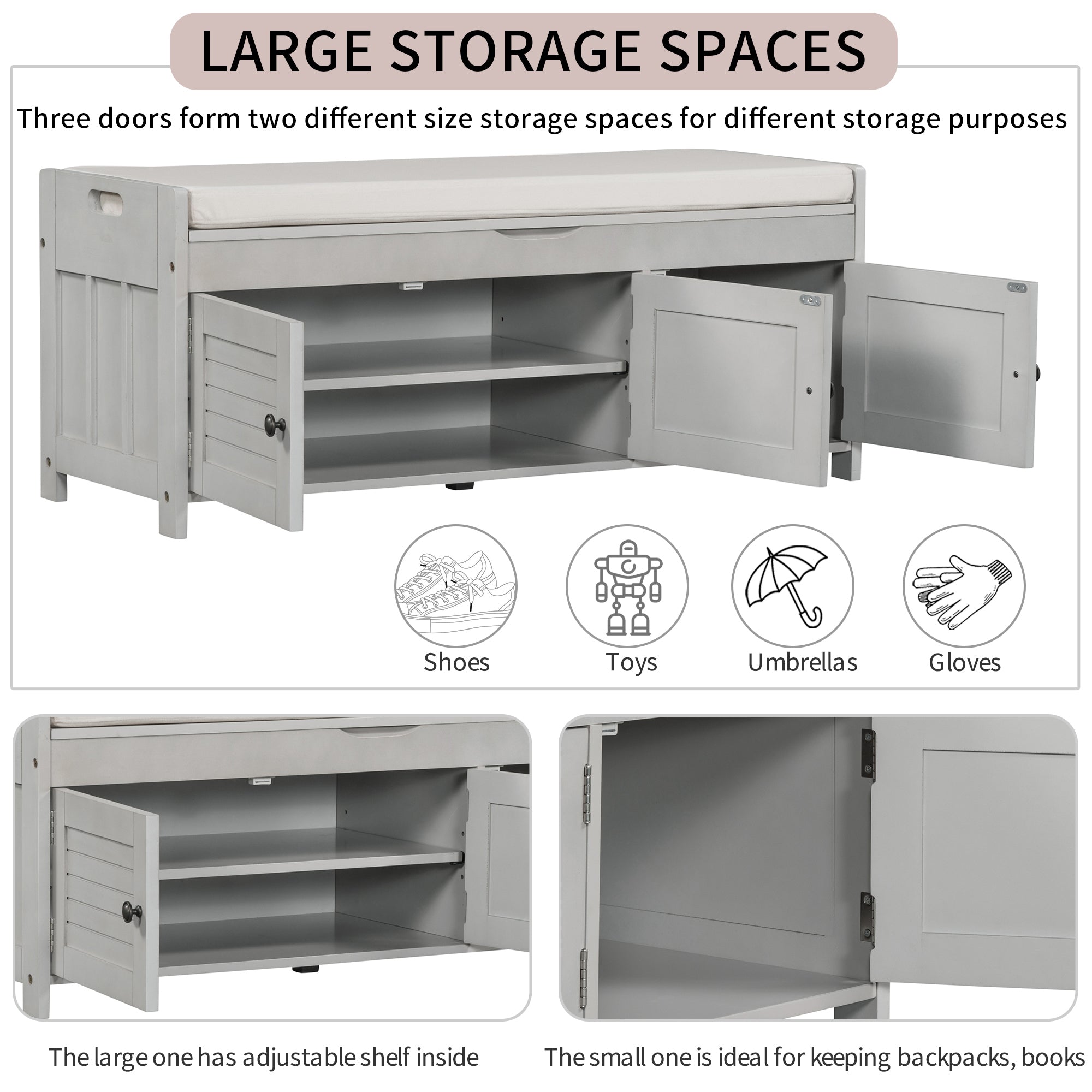 HAOYYE Storage Bench with 3 Shutter-shaped Doors, Shoe Bench with Removable Cushion and Hidden Storage Space (Gray Wash, OLD SKU: WF284226AAE) Sturdy Space-Saving Heavy Duty Modern Design Adults