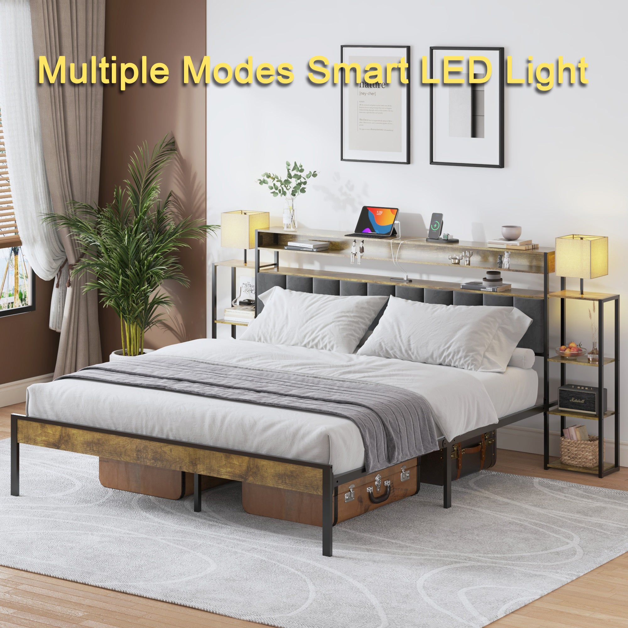 HAOYYE Queen Bed Frame with Storage, Platform Bed Queen Size with LED Lights and Charging Station, Dark gray velvet Headboard with Bookcase Shelves, No Box Spring Needed, Noise Free Sturdy Space-Saving
