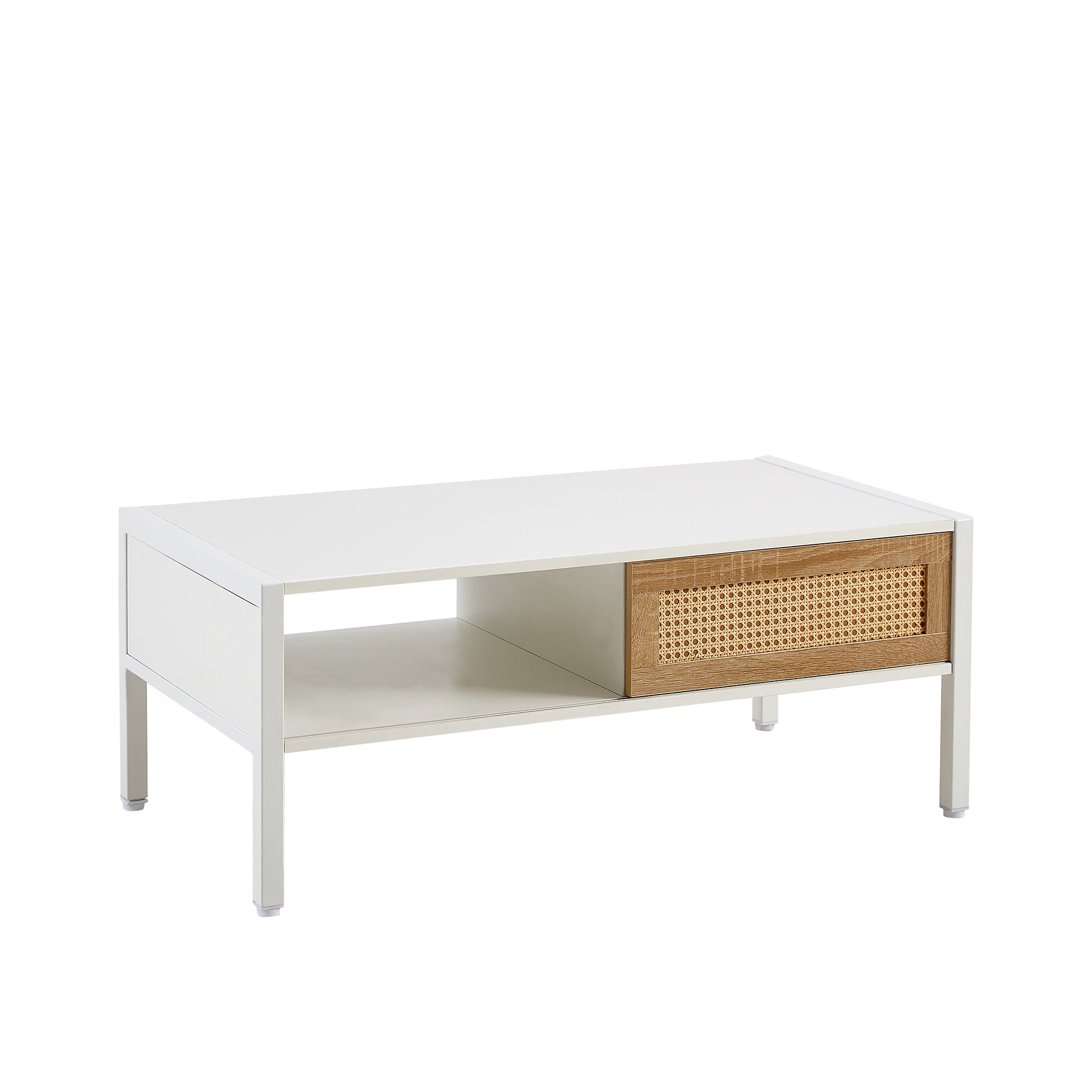 HAOYYE White Rattan Coffee Table With Sliding Door, Metal Legs, Modern Storage Table for Living Room, Sturdy Space-Saving Heavy Duty Design, Easy Assembly