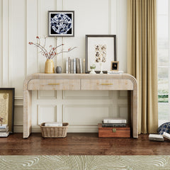 HAOYYE Unique Retro Silhouette Console Table with Open Style, Two Top Drawers for Entrance, Dining Room, Living Room, Natural Wood Wash Finish, Sturdy Space-Saving Heavy Duty Modern Design, Ideal for Adults