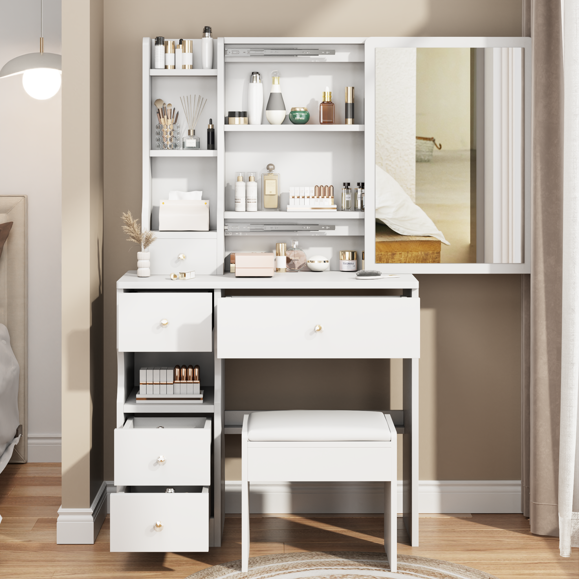 HAOYYE Small Space Vanity Table Set with Left Drawer, Cushioned Stool, Large Sliding Mirror, Multi-Layer Storage, Modern Compact Design, Stylish Durable Dressing Table for Adults, Ideal for Bedroom or Dressing Room