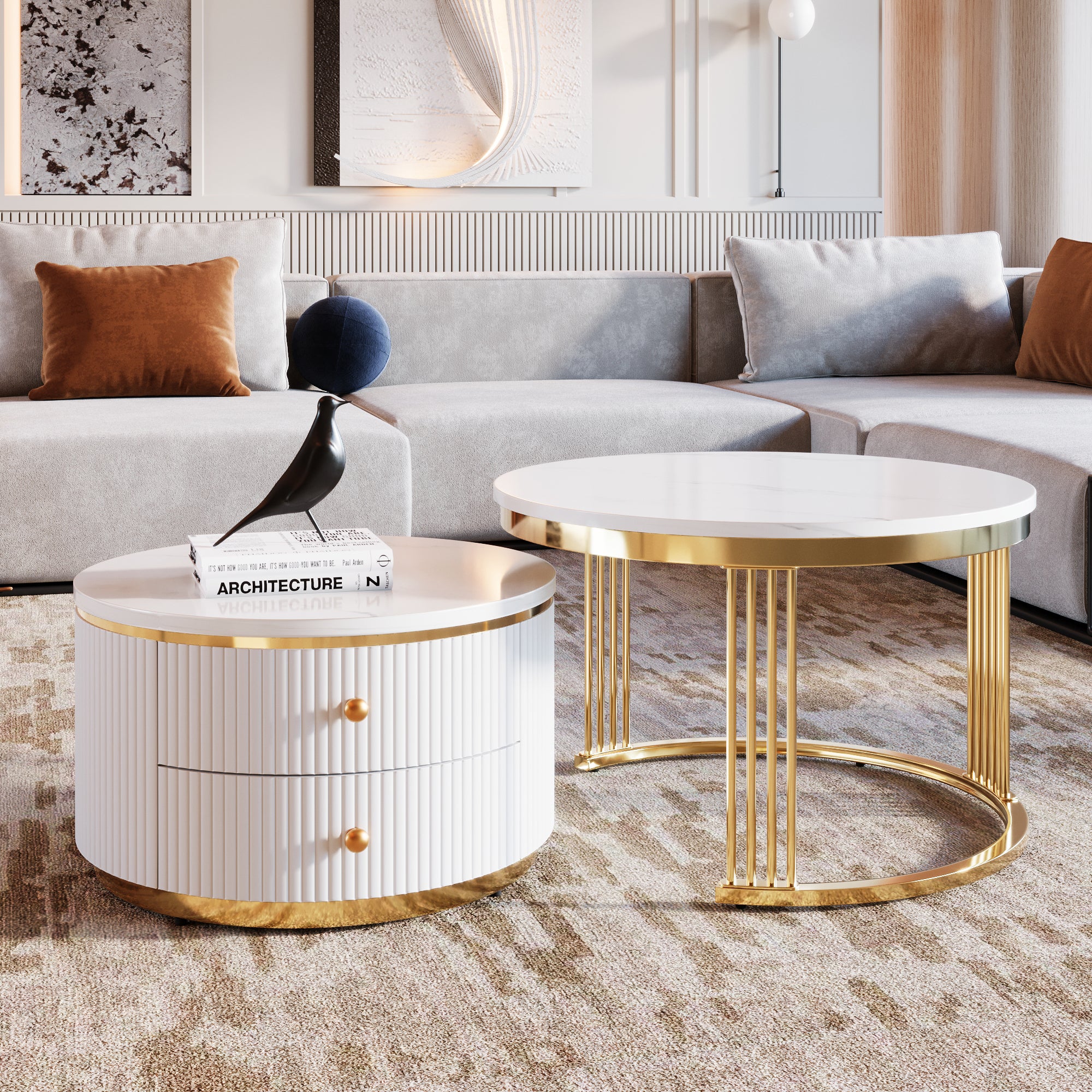 HAOYYE Modern 2-Piece White Round Nesting Coffee Table with Drawers, Sturdy and Space-Saving Design, Heavy Duty Construction, Ideal for Living Room, Bedroom, and Dorm Rooms, Easy Assembly for Adults