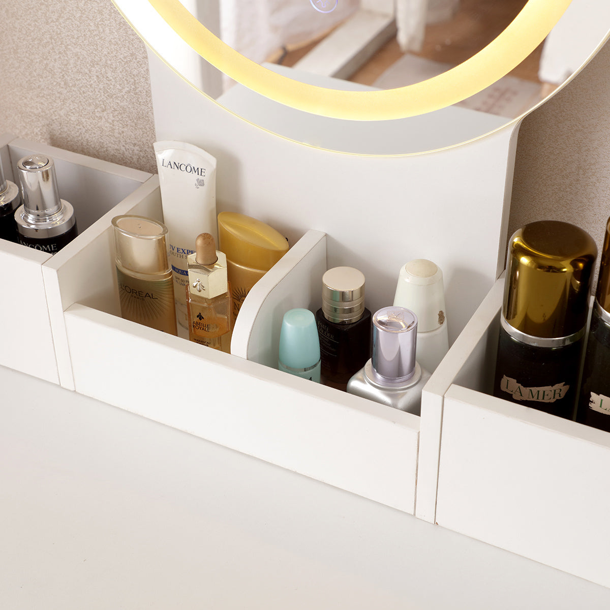 HAOYYE Vanity Desk With Lighted Mirror And Power Outlet, Makeup Table With Drawers And Cabinet, Sturdy Iron Frame, Space-Saving Modern Design, Heavy Duty White Makeup Vanity Table For Bedroom