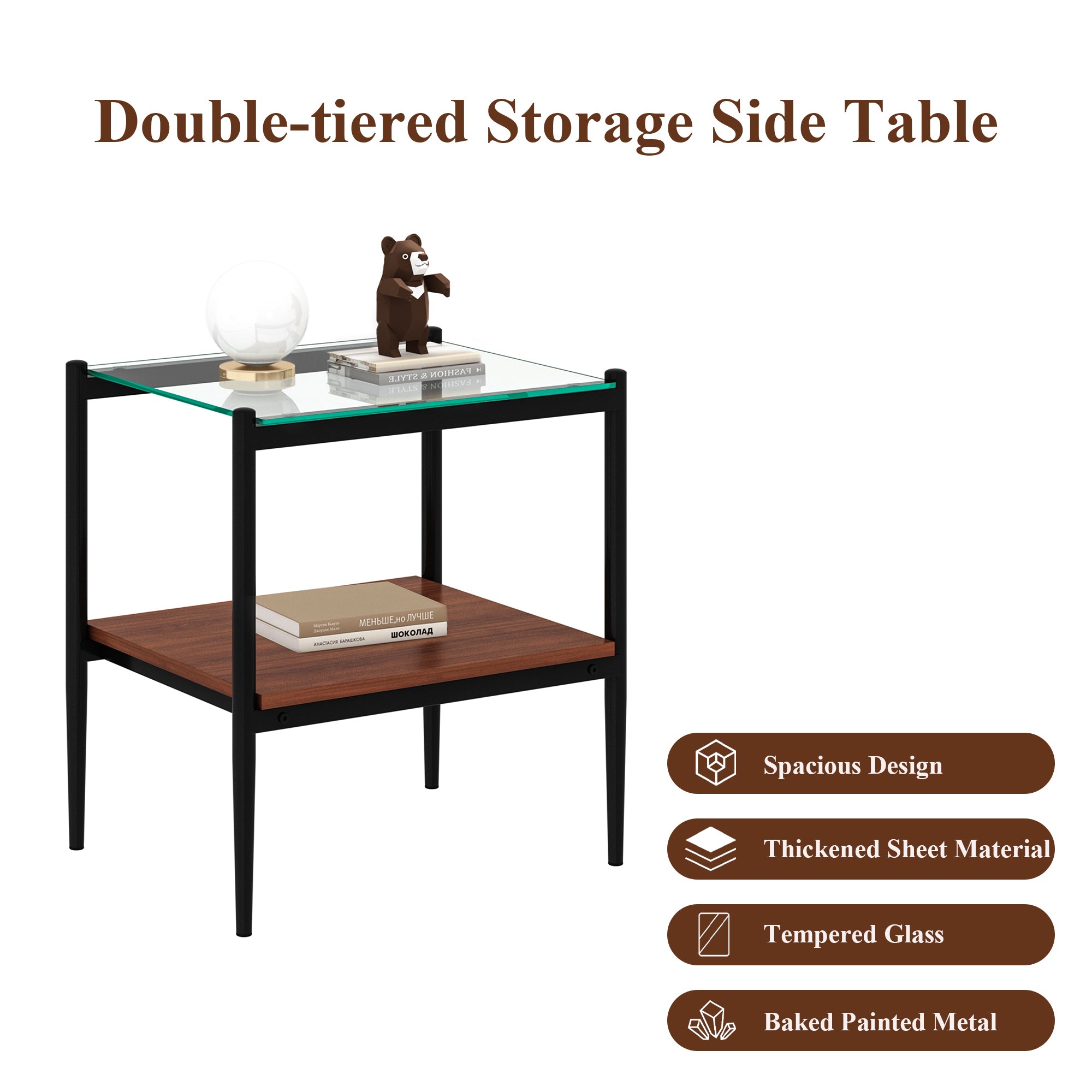 HAOYYE Set of 2 Rectangle End Table, Tempered Glass Tabletop with MDF layer, Modern Table for Living Room , Transparent Glass Sturdy Space-Saving Heavy Duty Modern Design Adults Dorm Room Easy Assembly