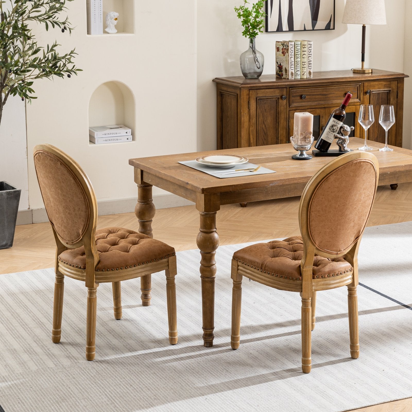HAOYYE French Style Solid Wood Frame Antique Painting,Hand-pulled buckle decoration PU artificial leather Dining Chair with Nailhead Trim ,Wood Legs,Density Foam,Steel Spring inner,Set of 2,Orange,SW1839OG