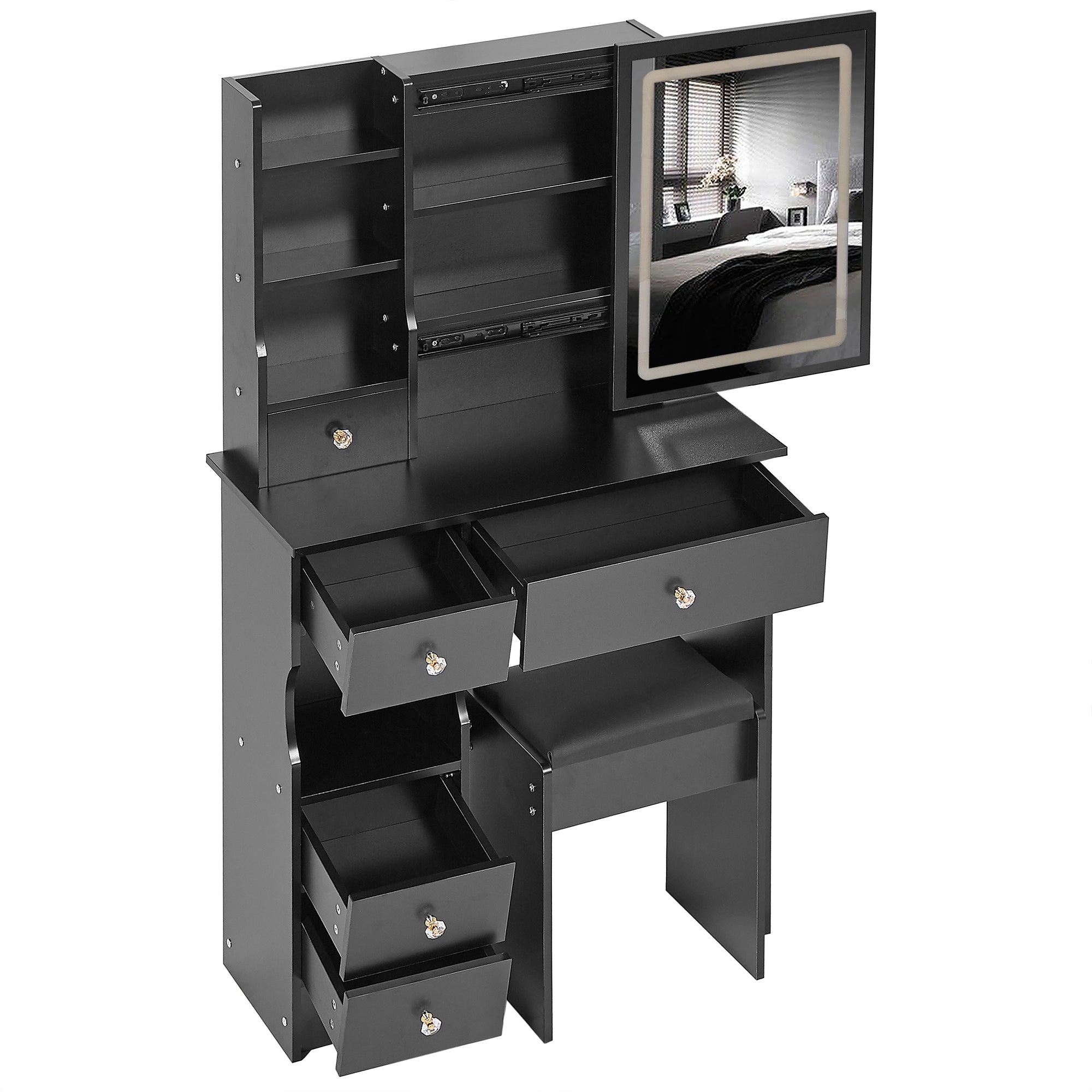HAOYYE Small Size Left Drawer Desktop Vanity Table + Cushioned Stool, Touch Control Sliding LED Mirror, Tri-color Switching, Brightness Adjust, Multi Layer, Suitable for Small Space, EPA,GCC,UL Certificate