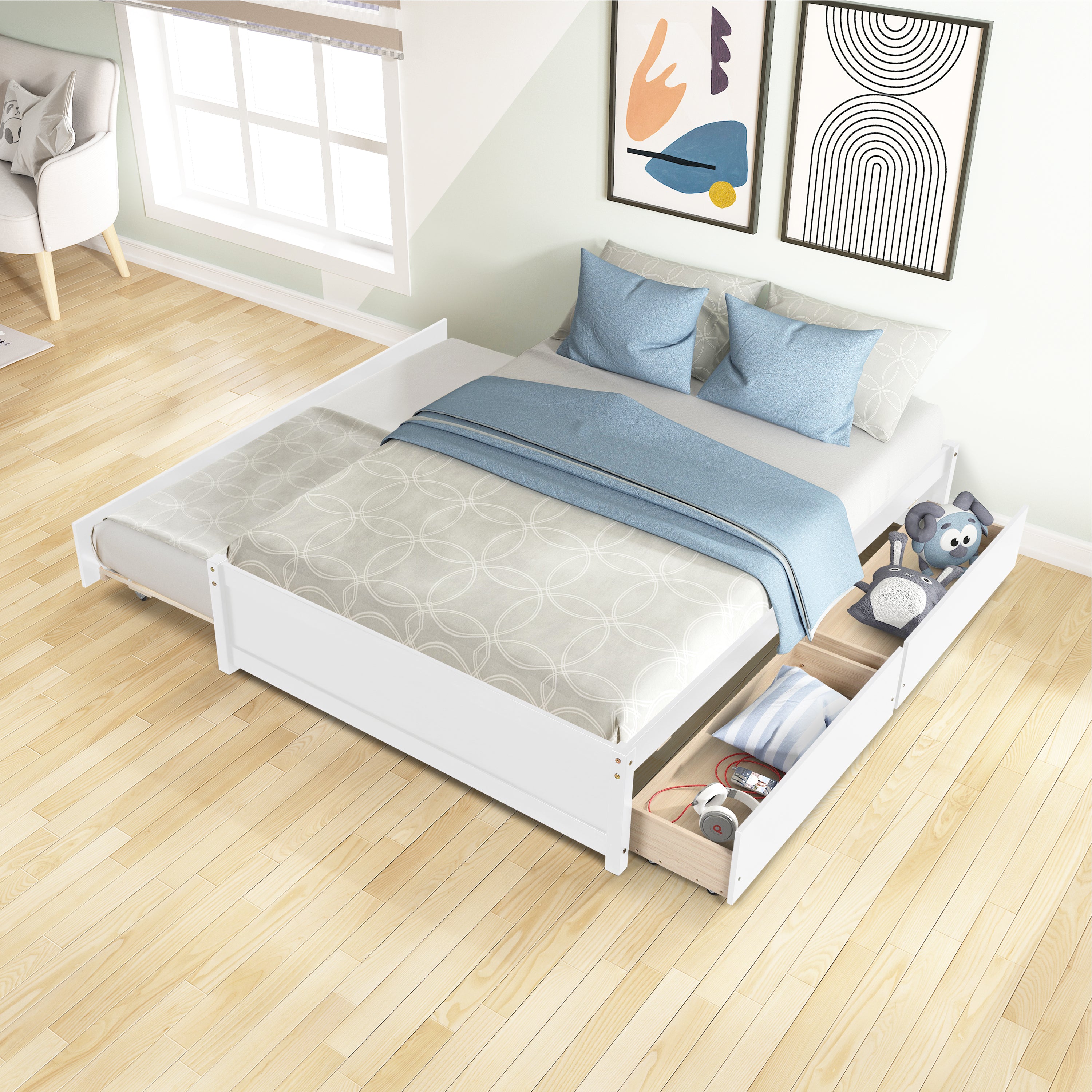 HAOYYE Full Bed with Twin Trundle and Two Drawers, White, Sturdy Space-Saving Design, Heavy Duty Construction, Easy Assembly, Durable and Stylish Home Furniture