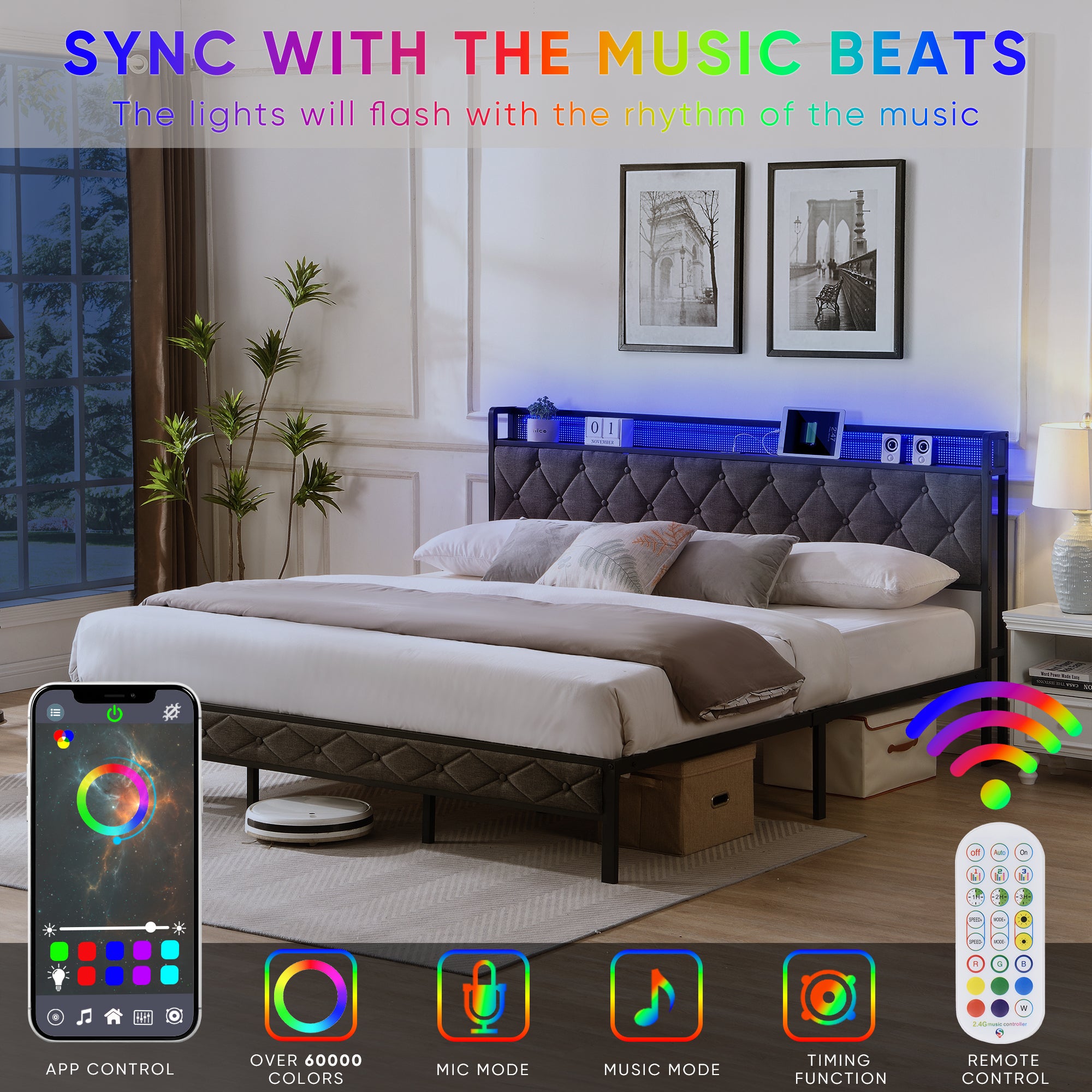 HAOYYE King Bed Frame with Storage Headboard, Charging Station and LED Lights, Upholstered Platform Bed with Heavy Metal Slats, No Box Spring Needed, Noise Free, Easy Assembly, Dark Gray Sturdy Space-Saving