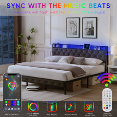 HAOYYE King Bed Frame with Storage Headboard, Charging Station and LED Lights, Upholstered Platform Bed with Heavy Metal Slats, No Box Spring Needed, Noise Free, Easy Assembly, Dark Gray Sturdy Space-Saving