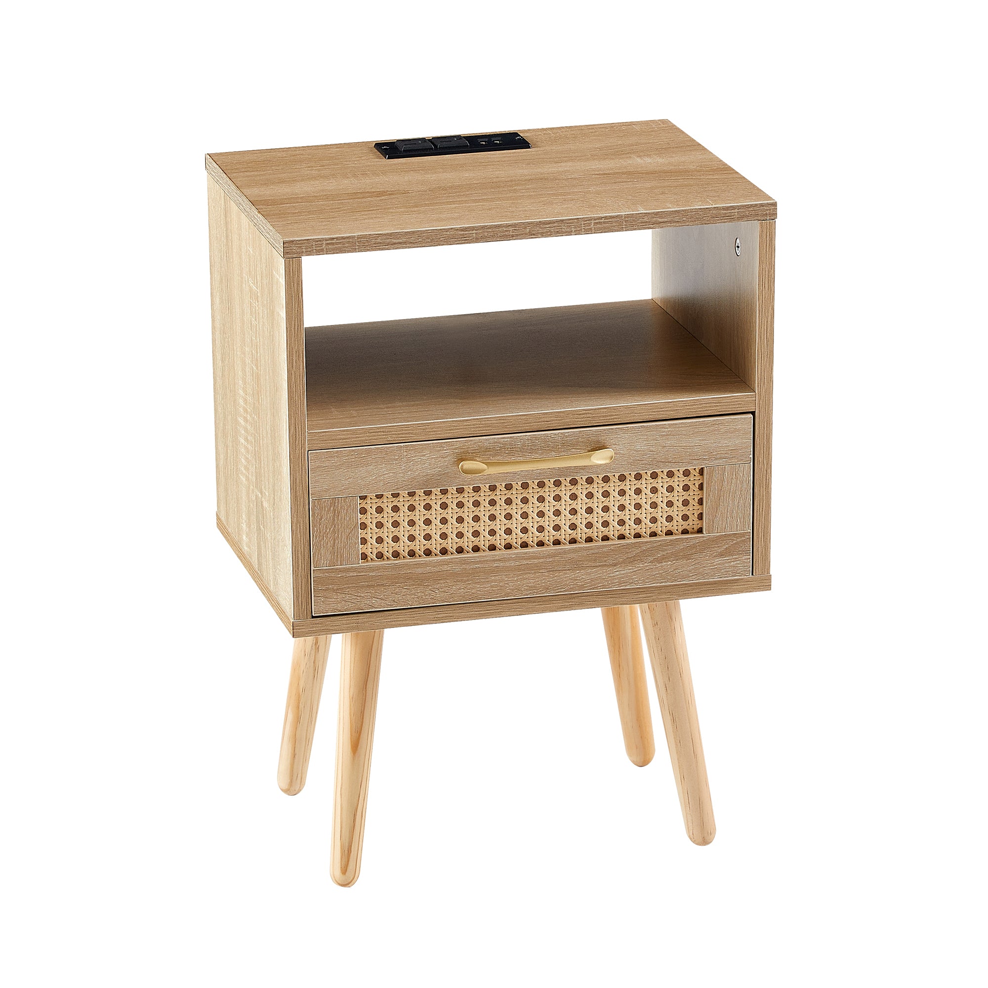 HAOYYE Rattan End Table with Power Outlet & USB Ports, Modern Nightstand with Drawer and Solid Wood Legs, Natural, Sturdy Space-Saving Design, Heavy Duty Construction, Stylish and Durable Home Furniture for Living Room or Bedroom