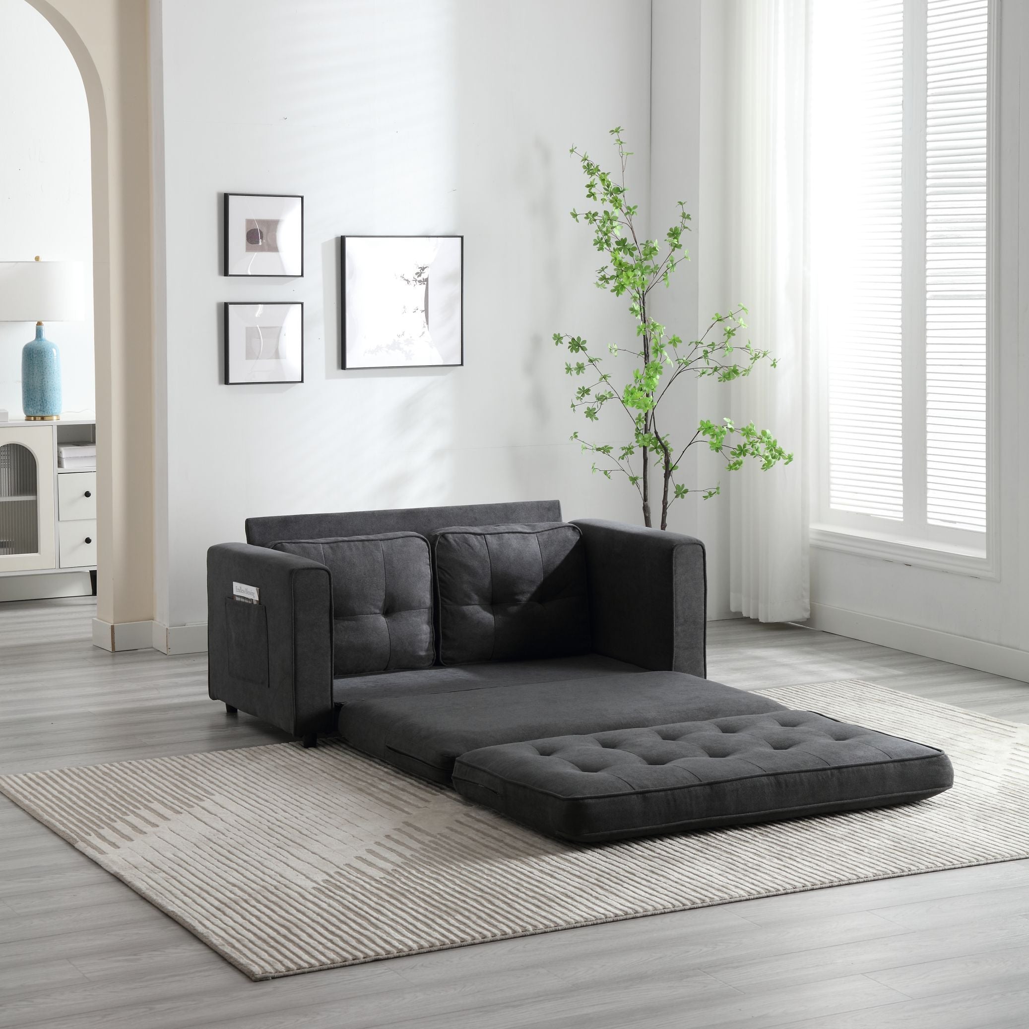 HAOYYE 3-Fold Convertible Futon Couch, Pull Out Sofa Bed, Space-Saving Loveseat Sleeper, Velvet Linen Fabric Upholstery, Heavy Duty Durable Sofa for Living Room, Modern Compact Design, Dark Gray, Light Gray, Beige