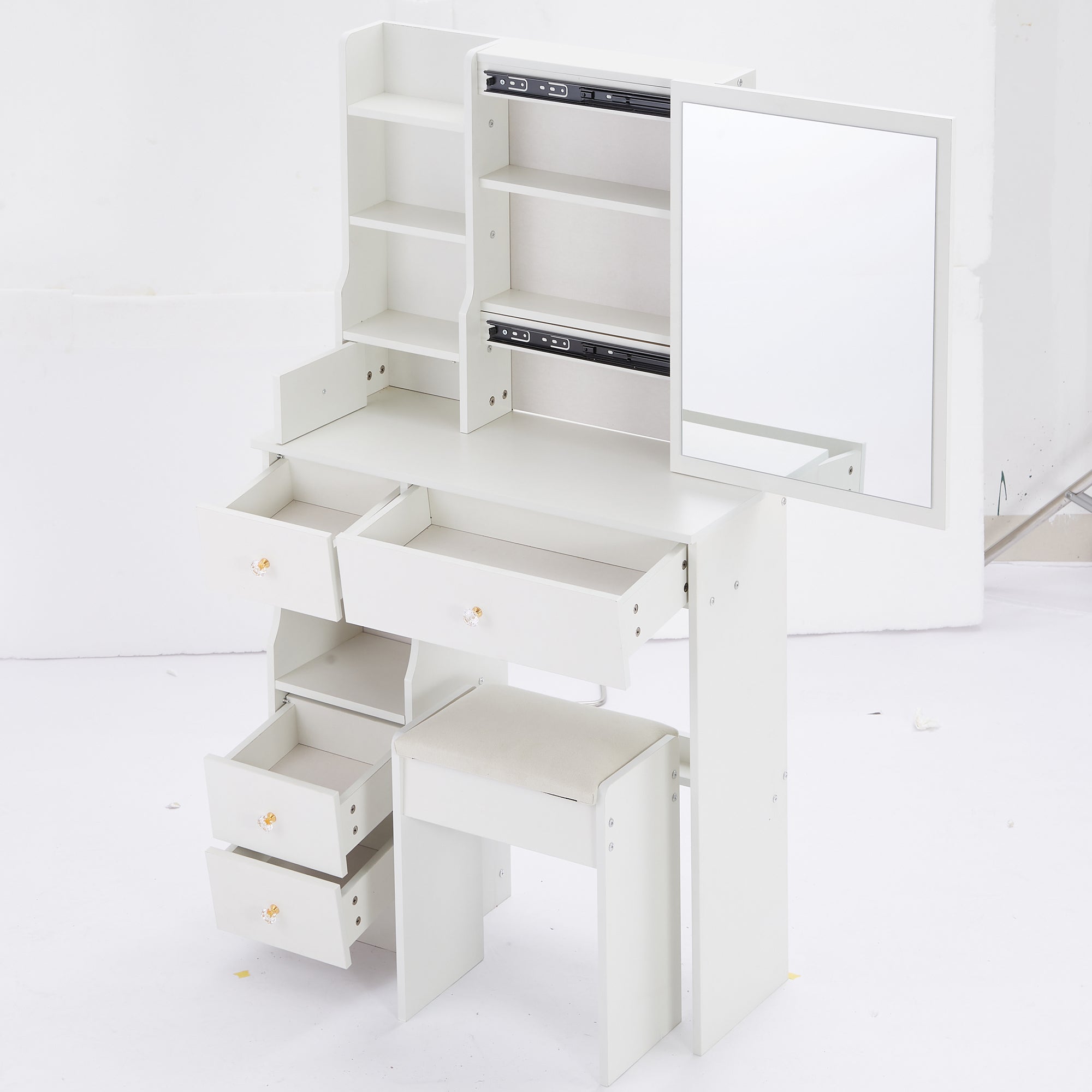 HAOYYE Small Size Left Drawer Desktop Vanity Table + Cushioned Stool, Extra Large Sliding Mirror, Multi Layer, High Capacity Storage Fashionable Dresser, Suitable for Small Space, EPA,GCC,UL Certificate