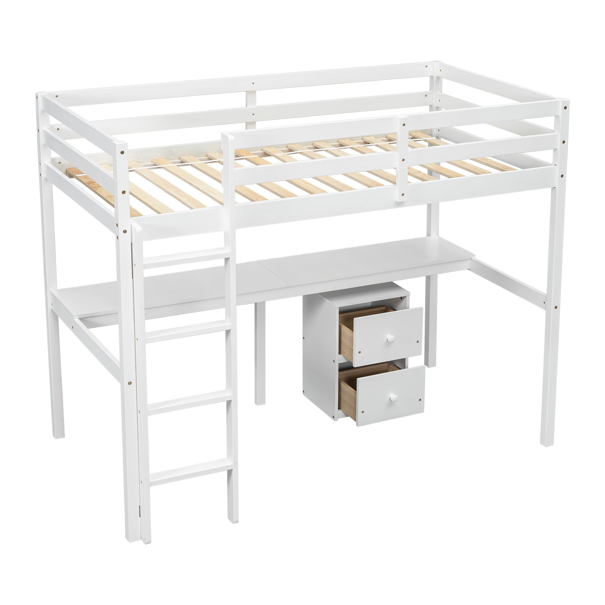 HAOYYE Twin Loft Wood Bed with Under-Bed Built-In Desk and Two-Drawer Storage Cabinet, Guardrails, and Ladder, White Sturdy Space-Saving Design, Heavy Duty Construction, Easy Assembly, Durable Stylish Home Furniture