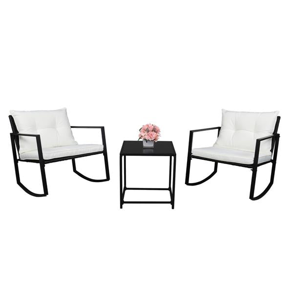 HAOYYE 3 Piece Outdoor Rocking Chair Set with Coffee Table, Black PE Rattan Patio Furniture with Tempered Glass Top and Beige Cushions, Weather Resistant Wicker Conversation Set for Balcony Garden Deck Porch