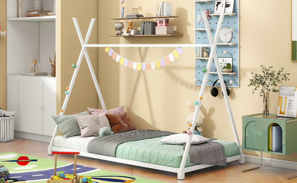 HAOYYE Metal Twin Size House Platform Bed with Triangle Structure, White Sturdy Space-Saving Heavy Duty Modern Design Adults Dorm Room Easy Assembly Bedroom Furniture