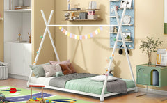 HAOYYE Metal Twin Size House Platform Bed with Triangle Structure, White Sturdy Space-Saving Heavy Duty Modern Design Adults Dorm Room Easy Assembly Bedroom Furniture