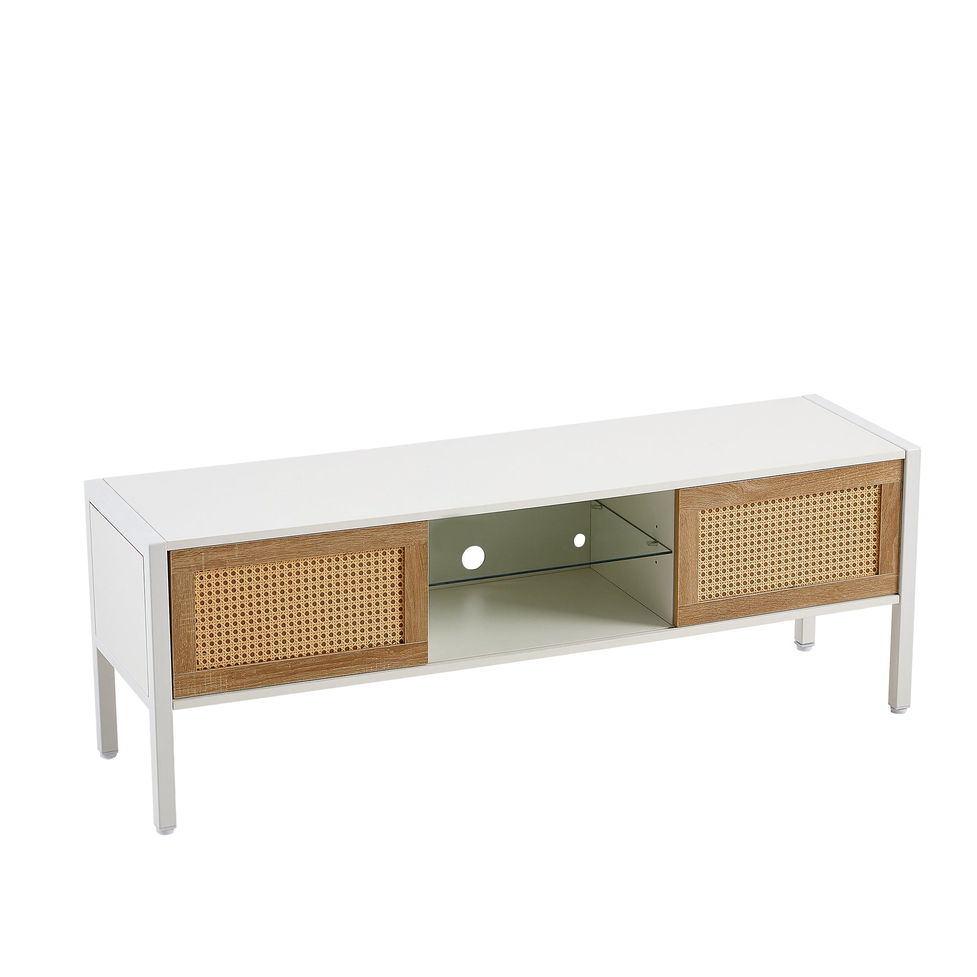 HAOYYE Rattan TV Cabinet with Adjustable Shelf and Variable Color Light Strip, Double Sliding Doors for Storage, Metal Legs, Durable and Space-Saving, Modern TV Console for Living Room, White