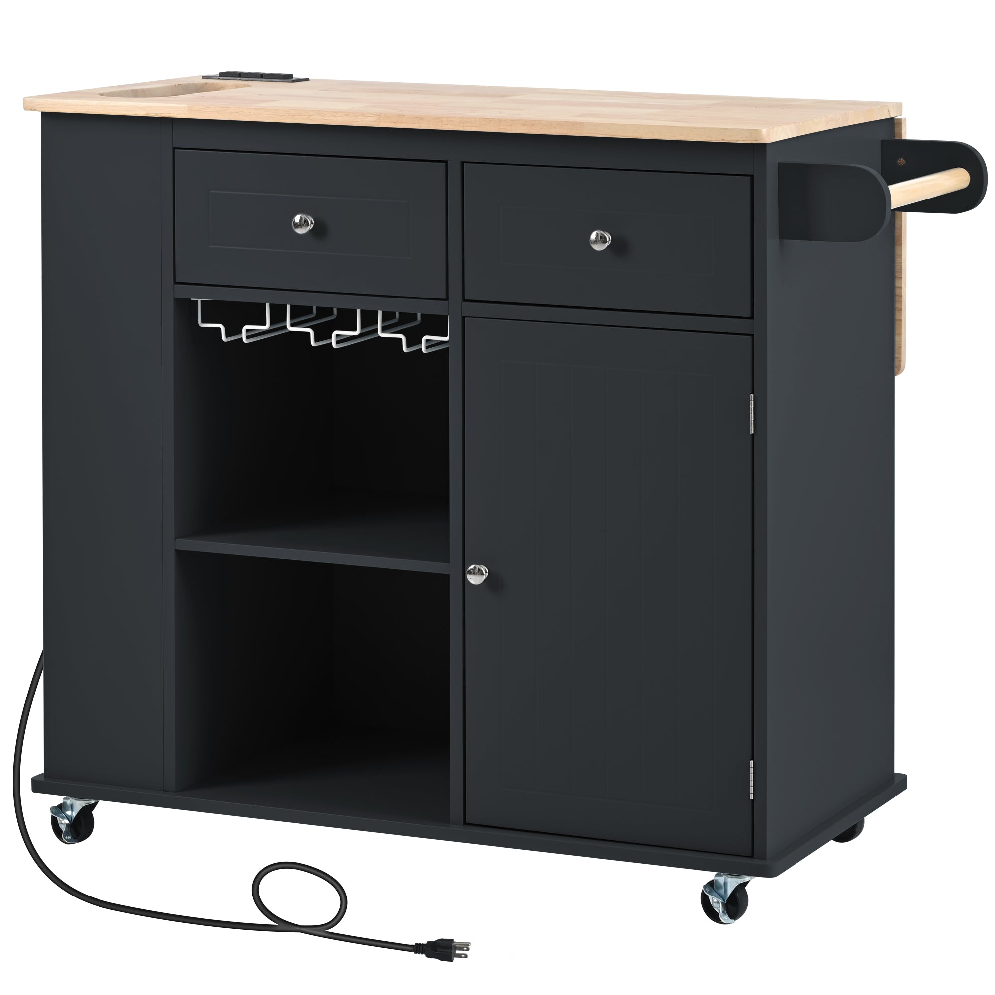 HAOYYE Kitchen Island with Power Outlet, Drop Leaf, Rubber Wood Top, Wine Rack, and Adjustable Storage. Black Kitchen Storage Island on Wheels, Ideal for Home, Kitchen, and Dining Room