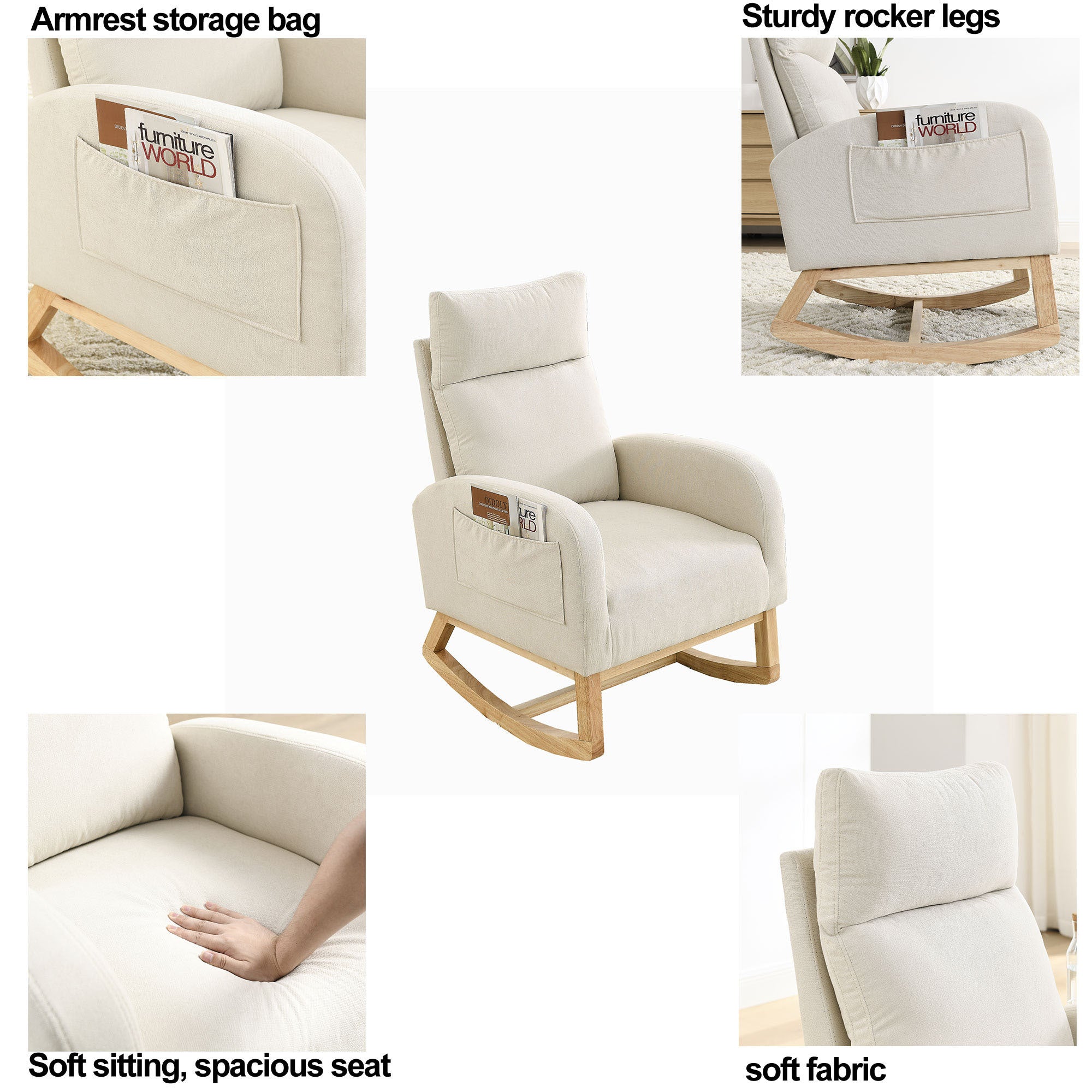 HAOYYE Welike 27.6"W Modern Accent High Backrest Living Room Lounge Arm Rocking Chair, Two Side Pocket Sturdy Space-Saving Heavy Duty Modern Design Easy Assembly Durable Stylish Versatile