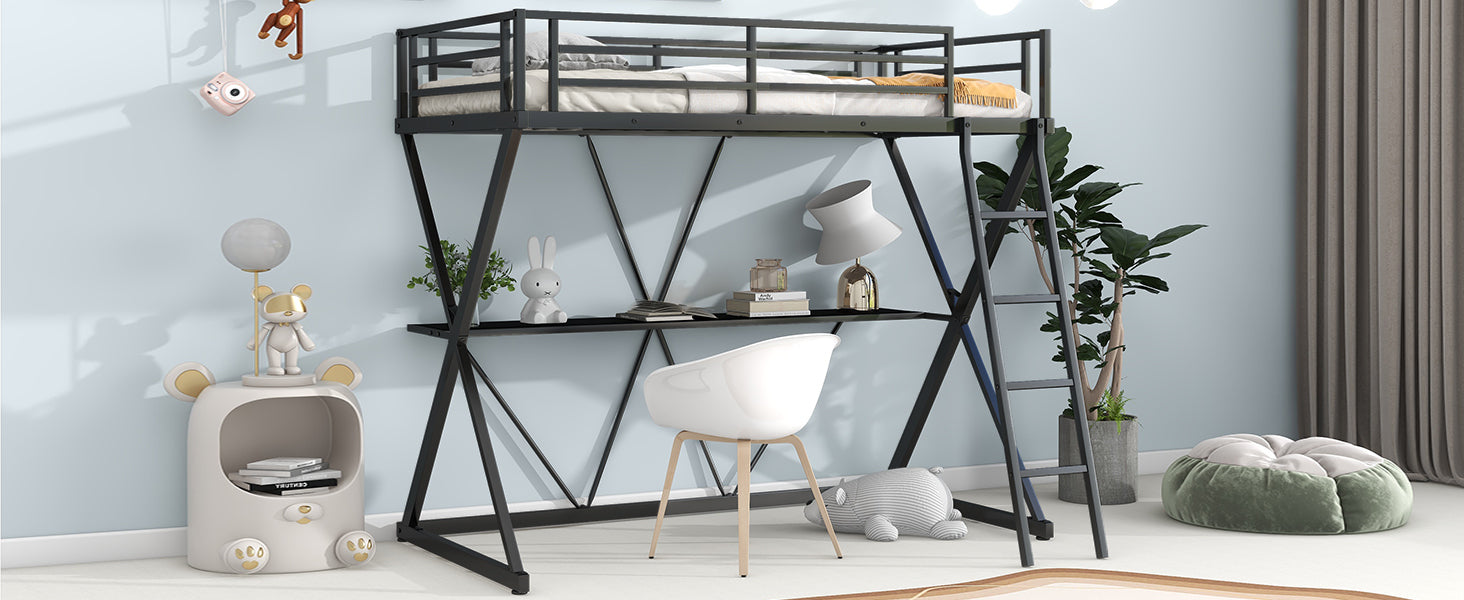 HAOYYE Twin Size Loft Bed with Desk, Ladder and Full-Length Guardrails, X-Shaped Frame, Black(Old SKU: MF297073AAB) Sturdy Space-Saving Heavy Duty Modern Design Adults Dorm Room Easy Assembly