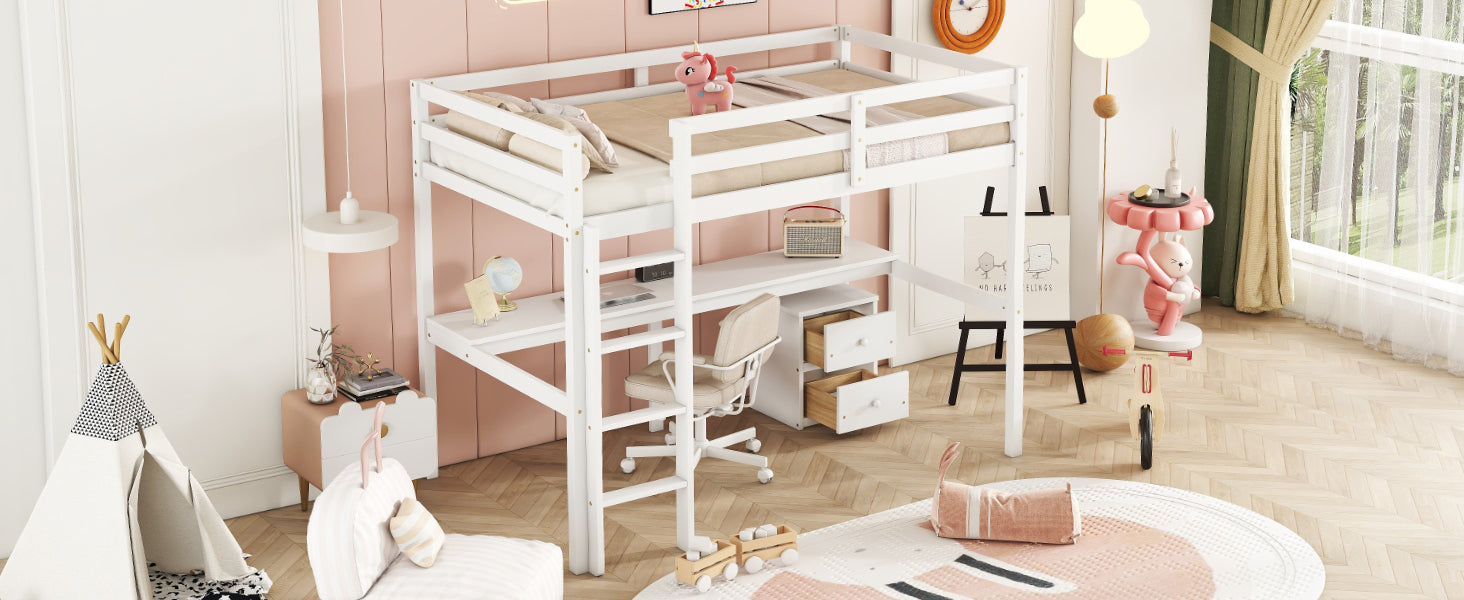 HAOYYE Twin Loft Wood Bed with Under-Bed Built-In Desk and Two-Drawer Storage Cabinet, Guardrails, and Ladder, White Sturdy Space-Saving Design, Heavy Duty Construction, Easy Assembly, Durable Stylish Home Furniture