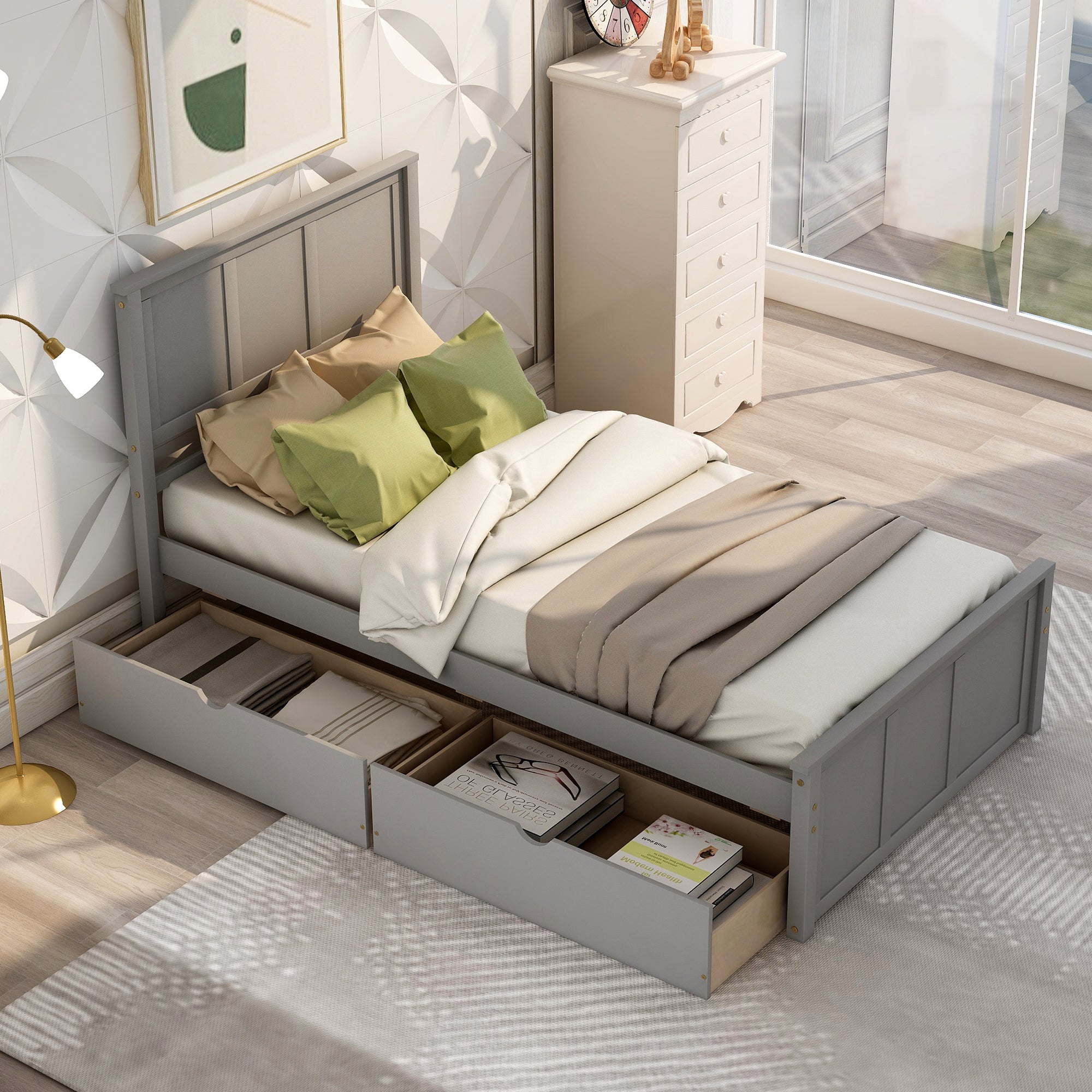 HAOYYE Storage Bed with 2 Drawers on Wheels, Twin Size Frame, Sturdy Space-Saving Heavy Duty Modern Design, Easy Assembly, Durable and Stylish Home Furniture, Versatile for Bedroom or Guest Room