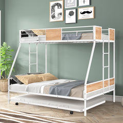 HAOYYE Metal Twin over Full Bunk Bed with Trundle/ Heavy-duty Sturdy Metal/ Noise Reduced/ Safety Guardrail/ Wooden Decoration/ Convenient Trundle / Bunk Bed for Three/ CPC Certified/ No Box Spring Needed