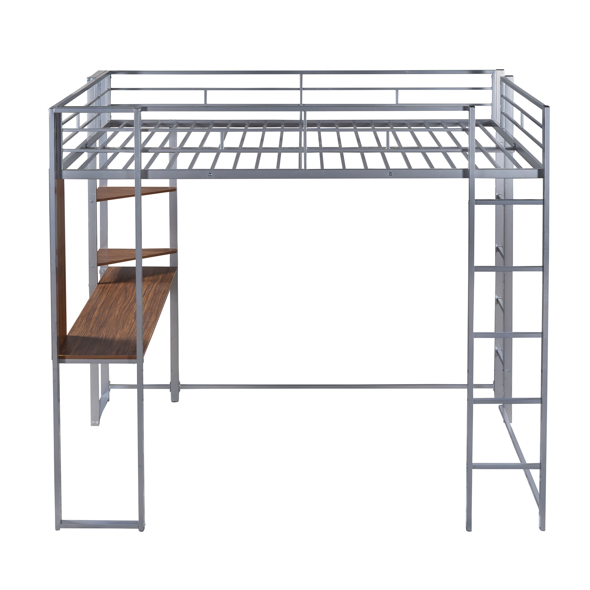 HAOYYE Full Size Metal Loft Bed with 2 Built-in Shelves & Desk, Silver – Space-Saving Design with Sturdy Metal Frame, Includes Full-Length Guardrails & Ladder, No Box Spring Needed, Perfect for Small Bedrooms & Dorm Rooms