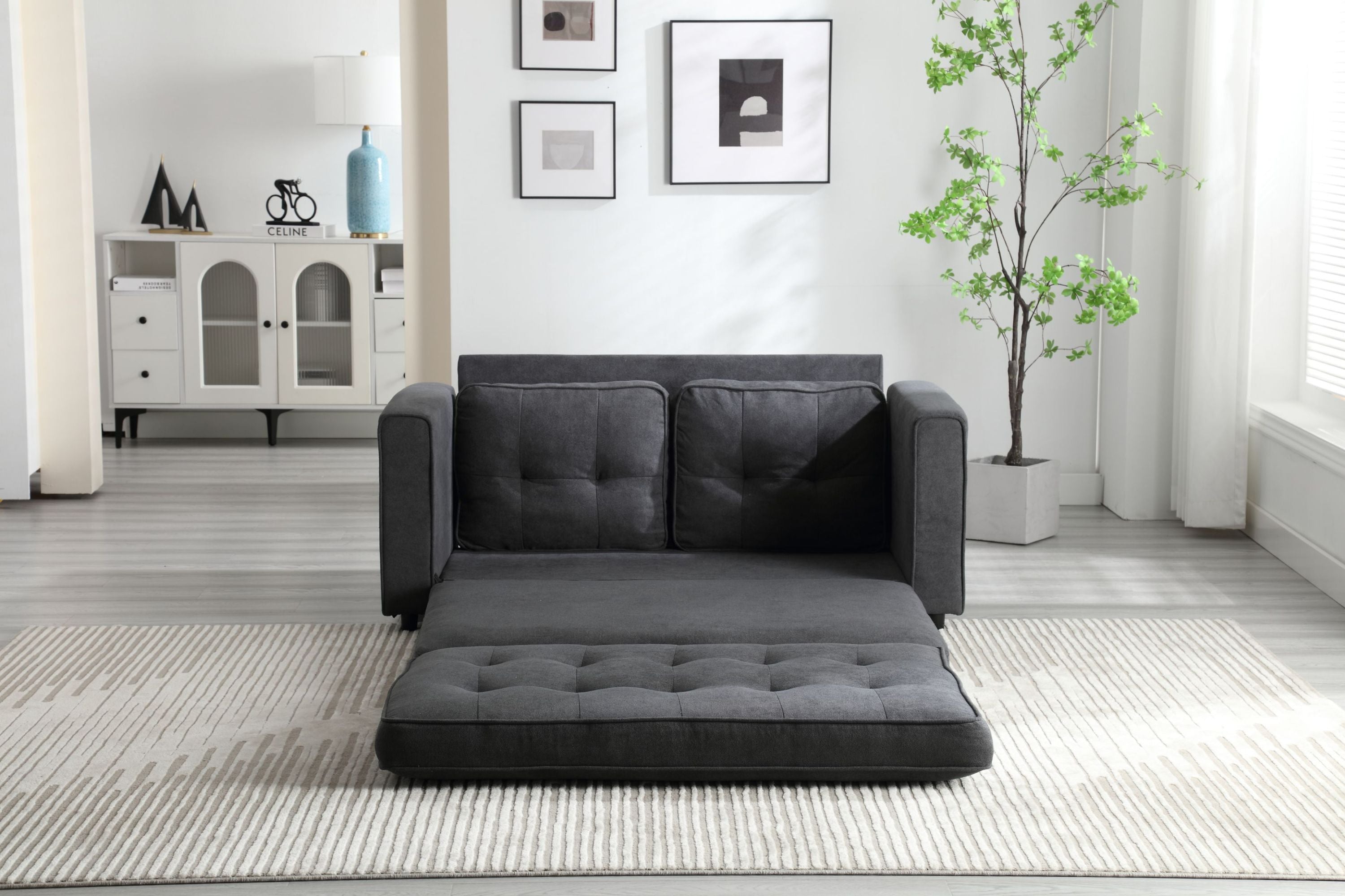 HAOYYE 3-Fold Convertible Futon Couch, Pull Out Sofa Bed, Space-Saving Loveseat Sleeper, Velvet Linen Fabric Upholstery, Heavy Duty Durable Sofa for Living Room, Modern Compact Design, Dark Gray, Light Gray, Beige