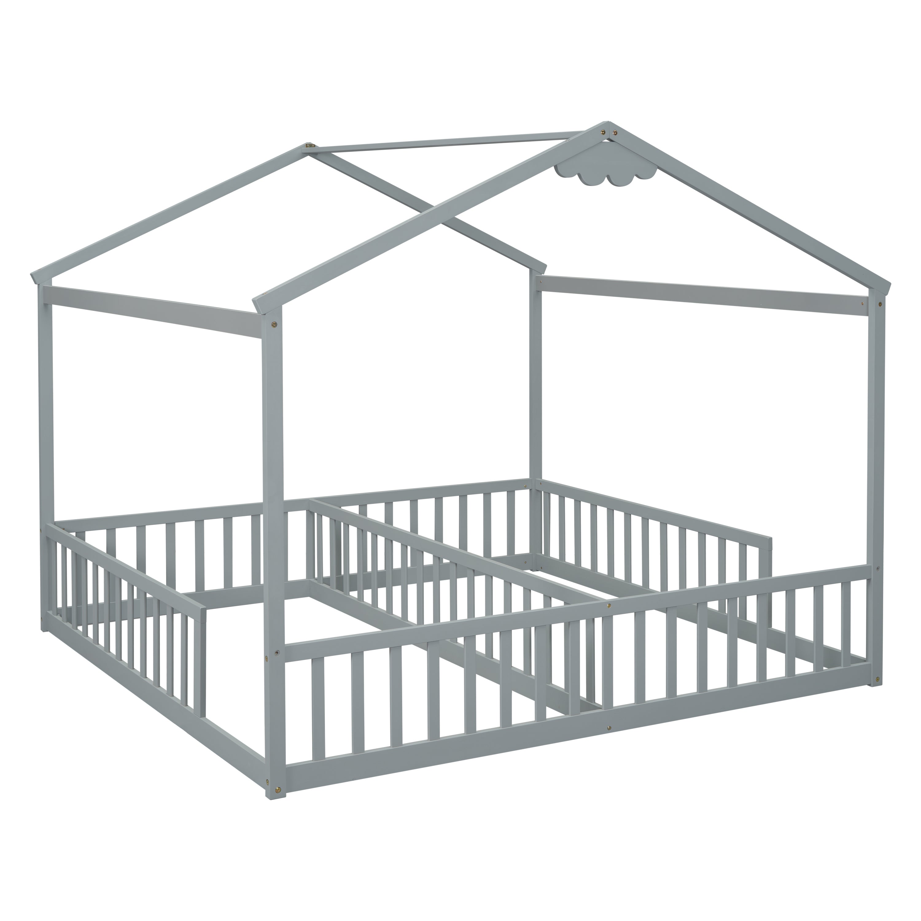HAOYYE Double Twin House-Style Floor Bed with Fence, Guardrails, without door, Grey Sturdy Space-Saving Heavy Duty Modern Design Adults Dorm Room Easy Assembly Bedroom Furniture