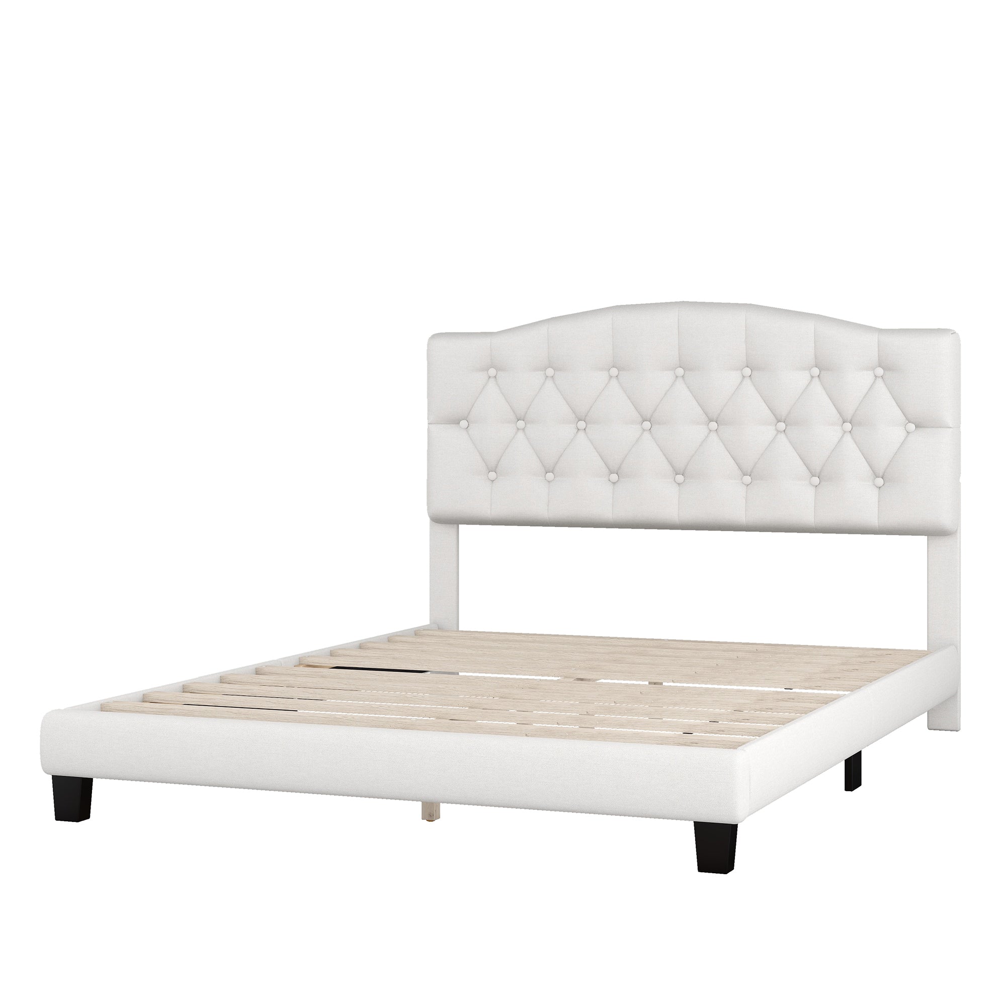HAOYYE Upholstered Platform Bed with Saddle Curved Headboard and Diamond Tufted Details, Queen, Beige Sturdy Space-Saving Heavy Duty Modern Design Adults Dorm Room Easy Assembly Bedroom Furniture