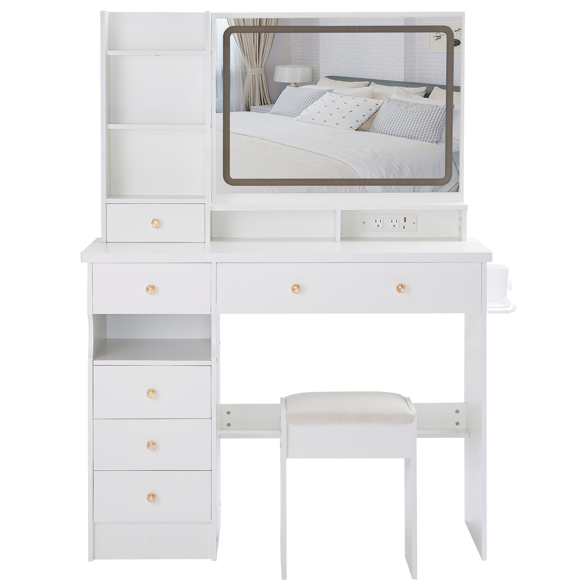HAOYYE Large Vanity Table Set with LED Mirror, Cushioned Stool, Left Drawer Desktop, Built-in Power Station with 2 AC & 2 USB Ports, Hair Dryer Stand, Touch Control Lighting, Certified by EPA, GCC, and UL