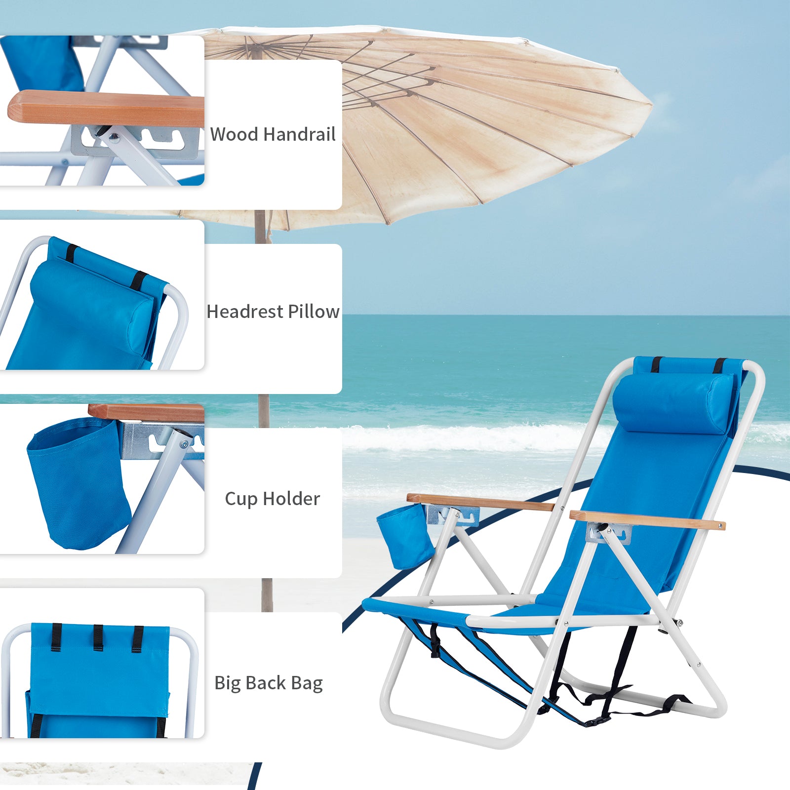 HAOYYE Folding Beach Chair Set of 2 for Adults, Portable Lightweight Backpack Camping Chairs with 4 Adjustable Recline Positions, Comfortable Headrest, Cup Holder, Wooden Armrests, Easy to Carry for Outdoor Beach, Picnic, Pool, or Camping